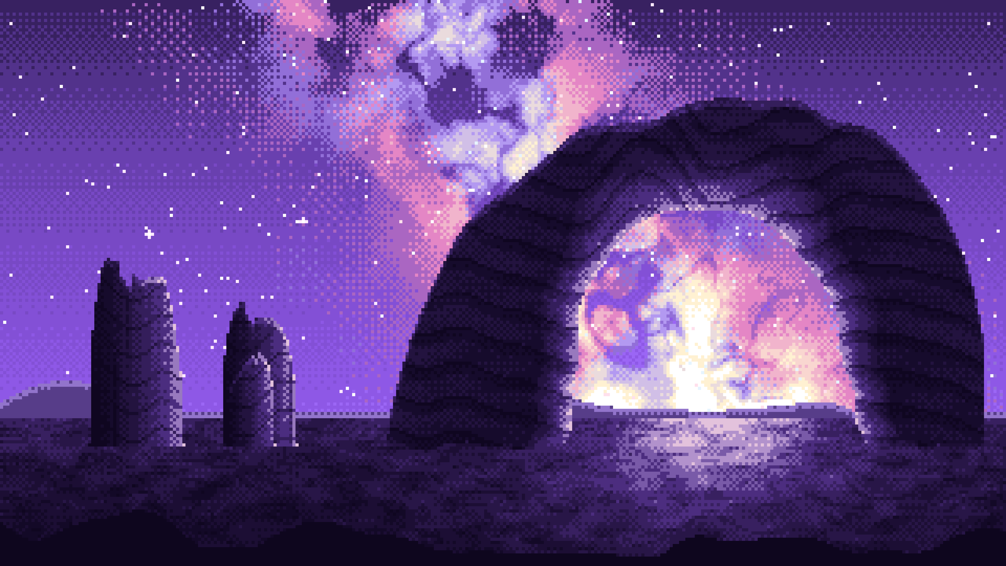 Purple Pixel Art Galaxy Over Desert Rocks desktop wallpaper in 4K