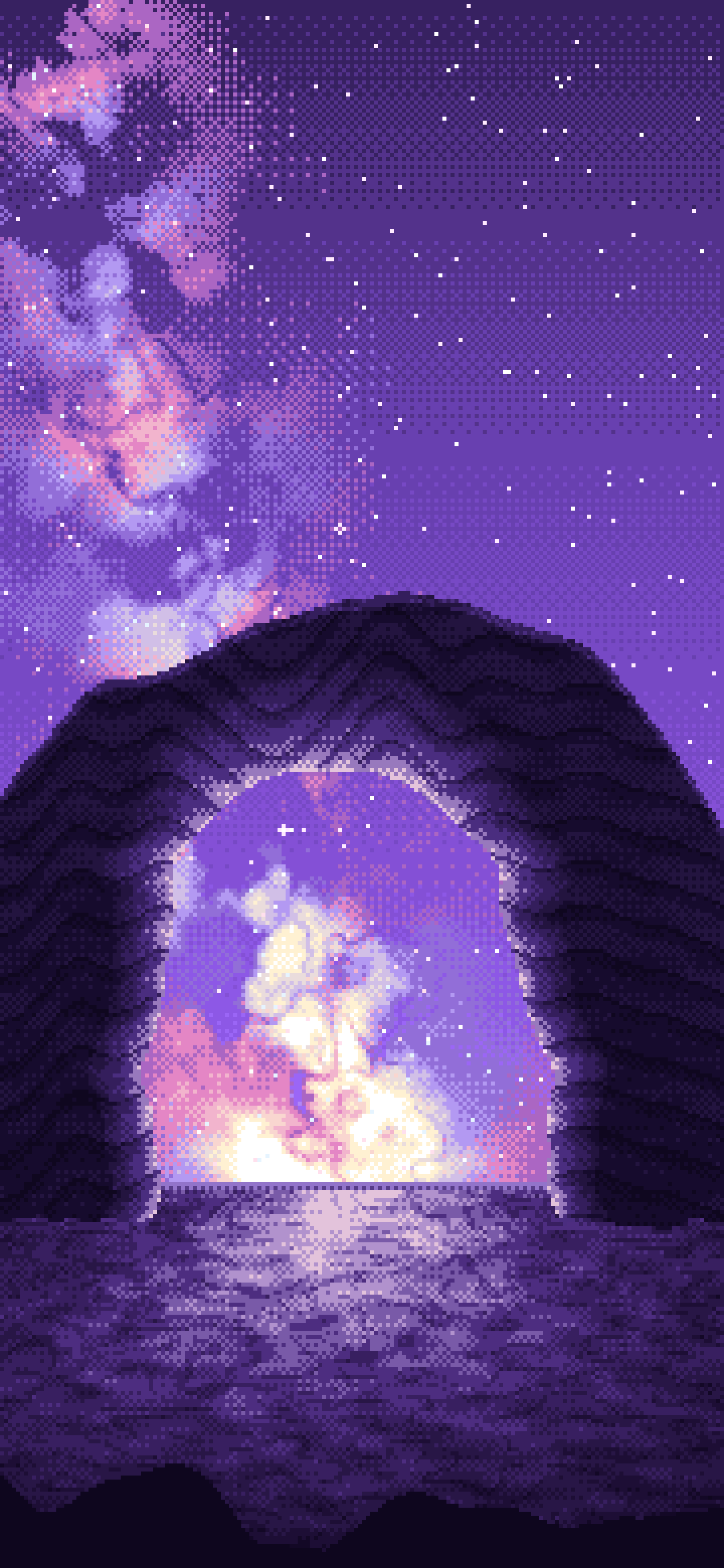 Purple Pixel Art Galaxy Over Desert Rocks wallpaper for iPhone and Android