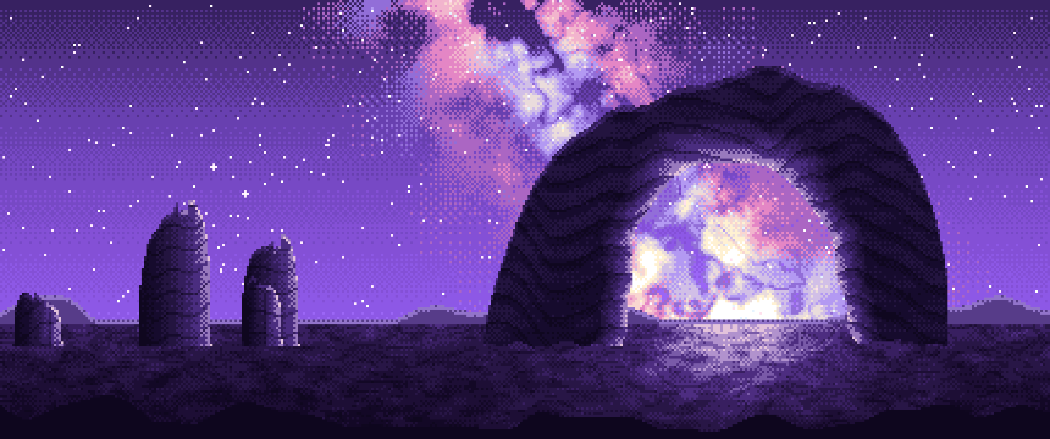 Purple Pixel Art Galaxy Over Desert Rocks ultrawide wallpaper, 3440 × 1440