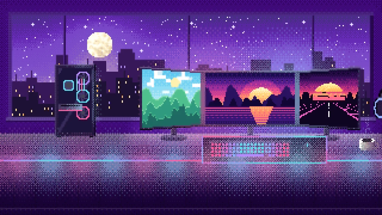 Purple Pixel Art Gaming Battlestation desktop wallpaper in 4K