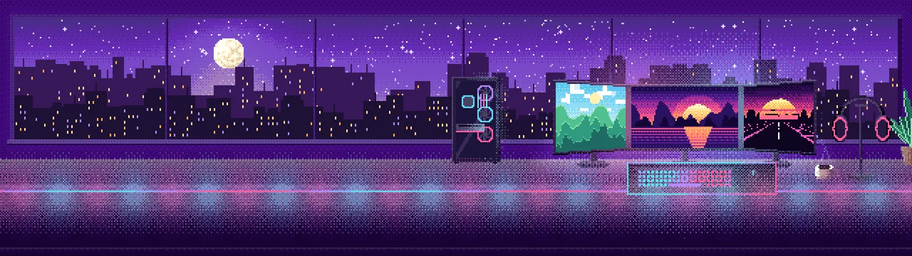 Purple Pixel Art Gaming Battlestation dual monitor wallpaper, 7680 × 2160