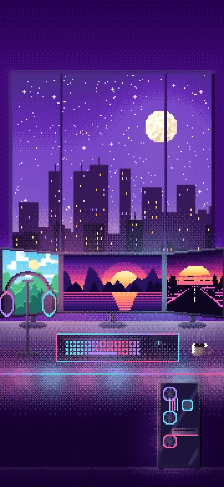 Purple Pixel Art Gaming Battlestation wallpaper for iPhone and Android