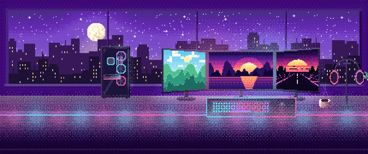Purple Pixel Art Gaming Battlestation ultrawide wallpaper, 3440 × 1440