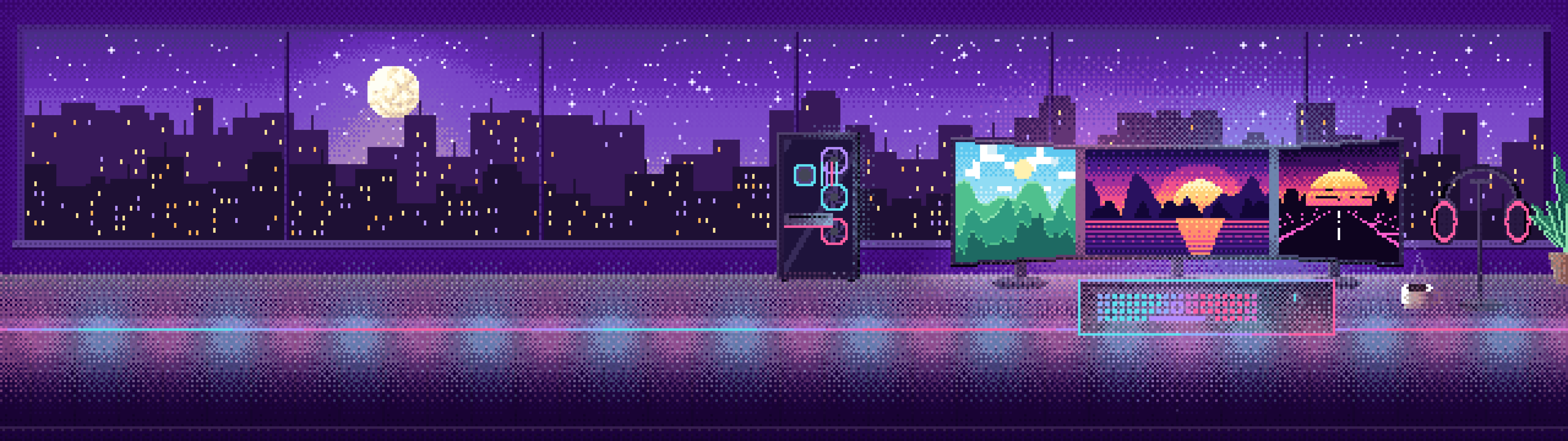 Purple Pixel Art Gaming Battlestation dual monitor wallpaper, 7680 × 2160
