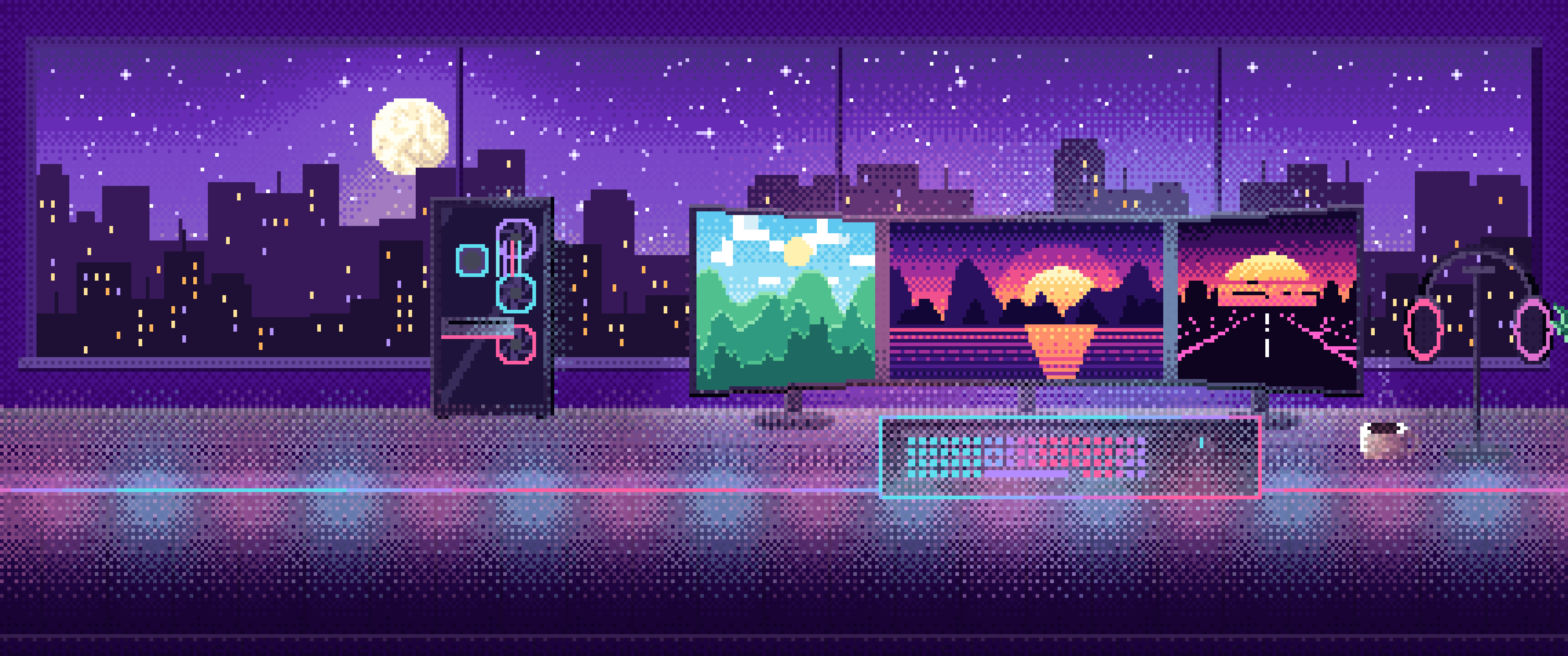 Purple Pixel Art Gaming Battlestation ultrawide wallpaper, 3440 × 1440