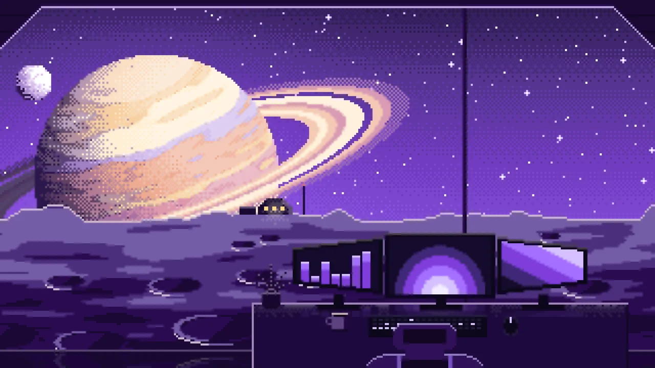 Purple Pixel Art Gaming Setup Before a Ringed Planet desktop wallpaper in 4K