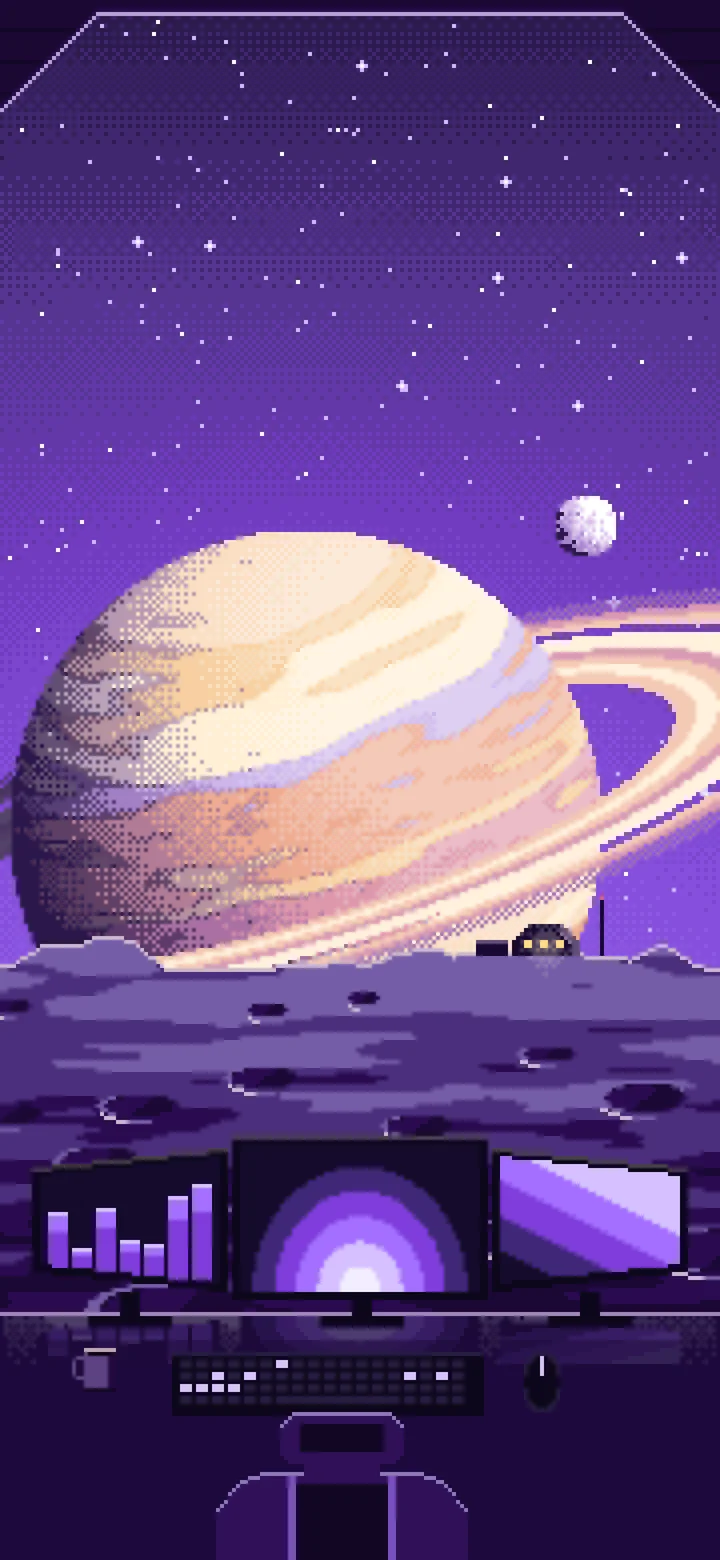 Purple Pixel Art Gaming Setup Before a Ringed Planet wallpaper for iPhone and Android