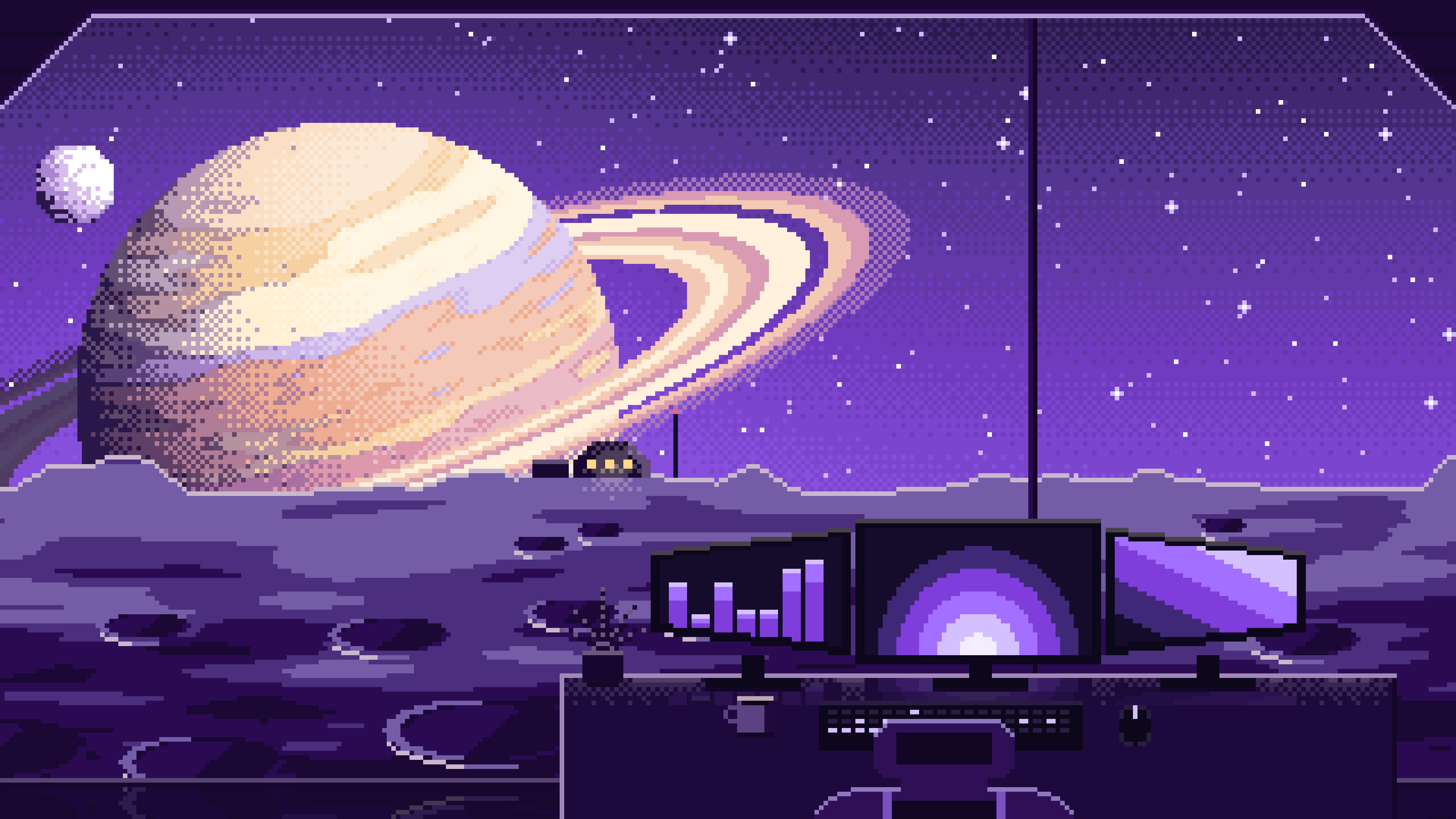 Purple Pixel Art Gaming Setup Before a Ringed Planet desktop wallpaper in 4K
