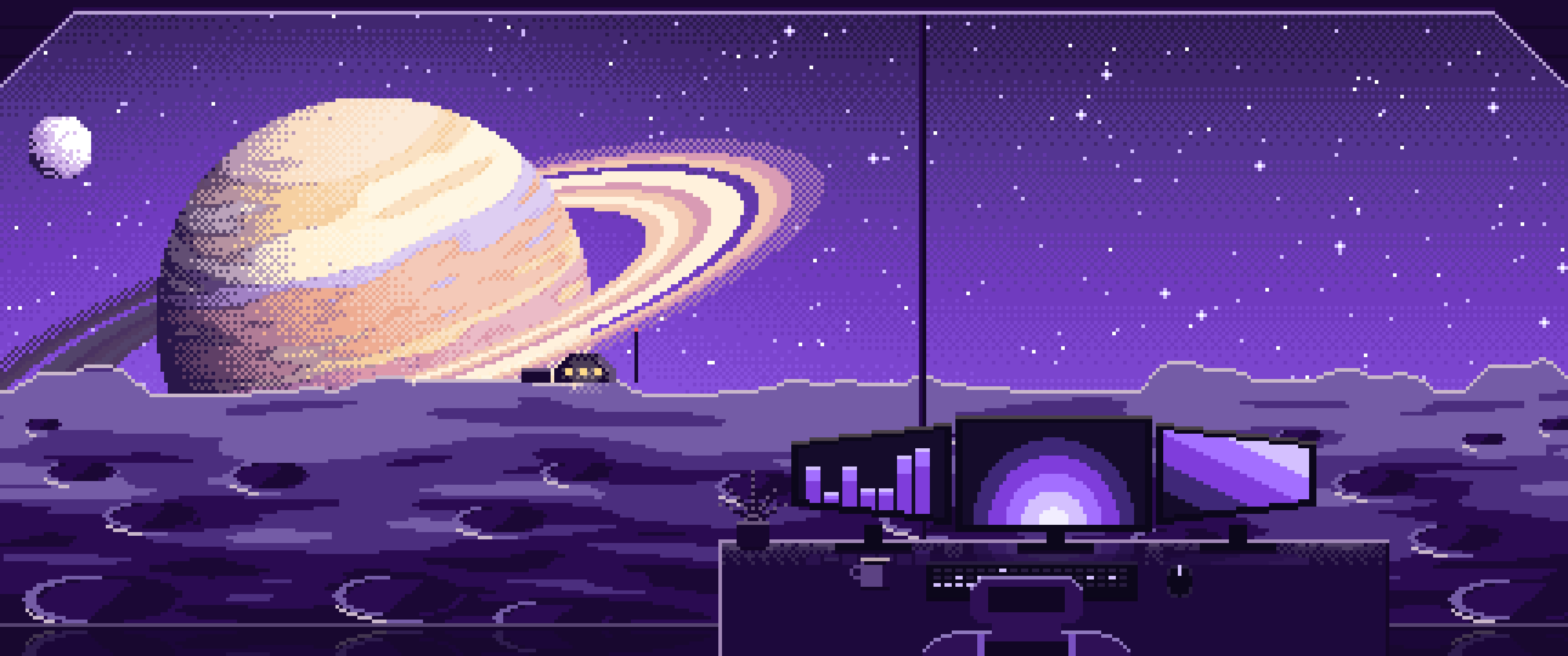 Purple Pixel Art Gaming Setup Before a Ringed Planet ultrawide wallpaper, 3440 × 1440