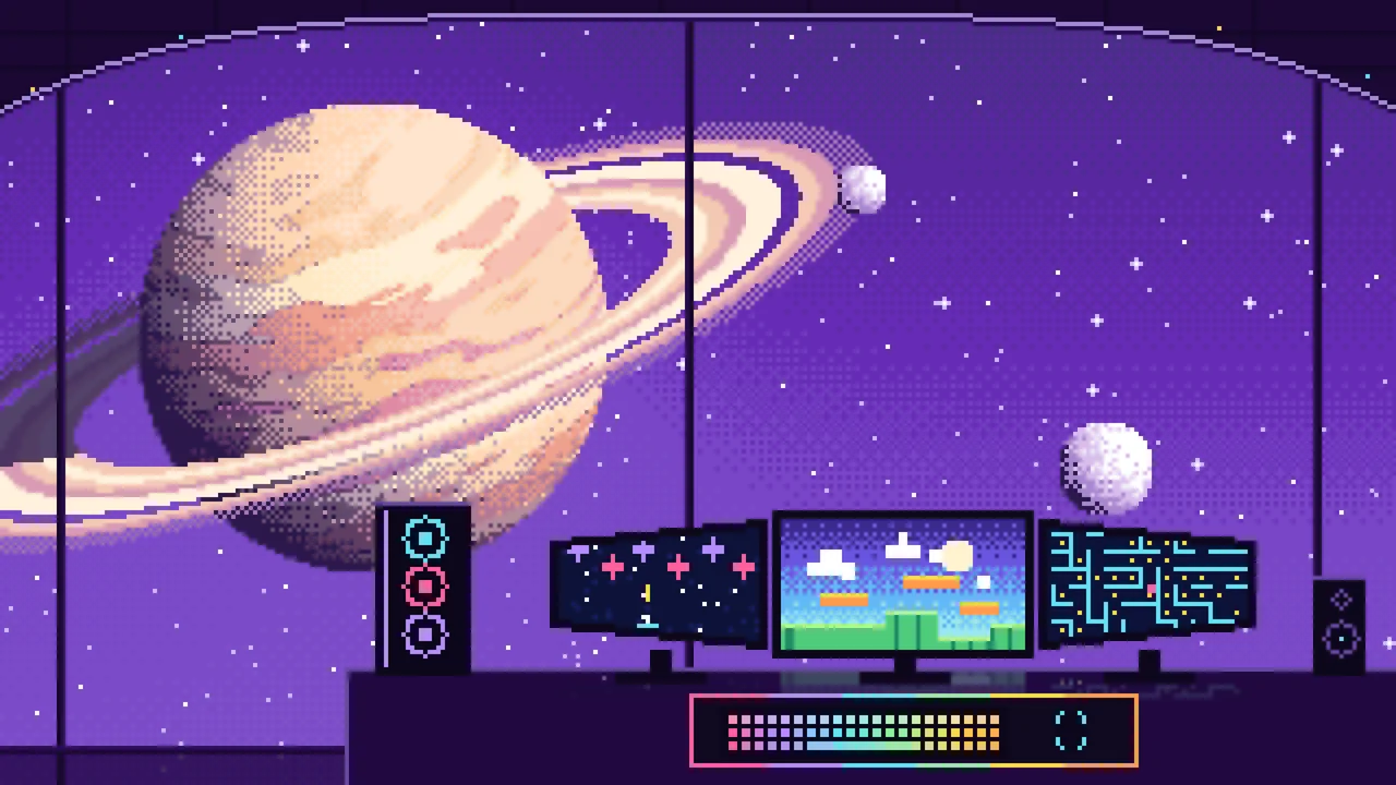 Purple Pixel Art Gaming Setup in Space desktop wallpaper in 4K