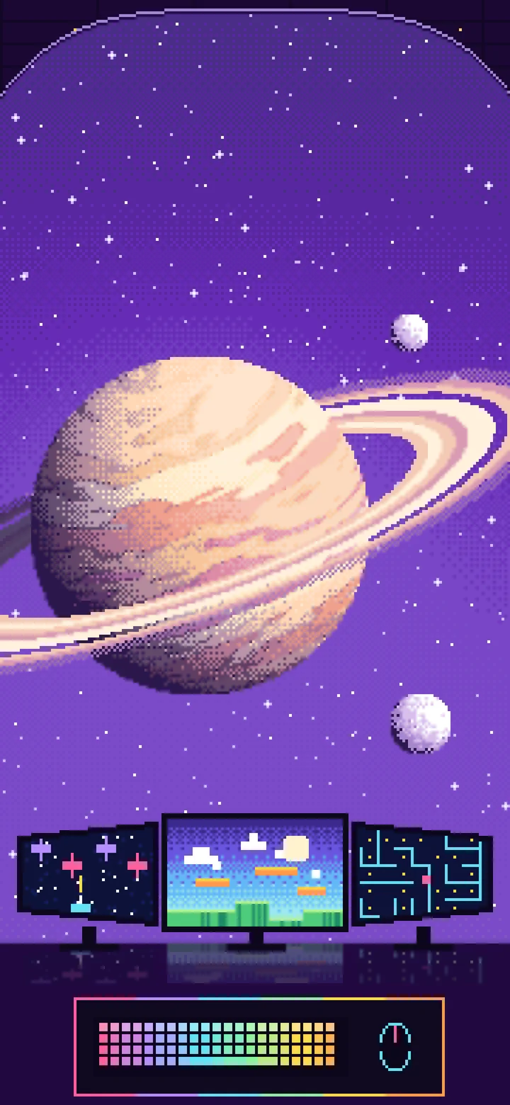 Purple Pixel Art Gaming Setup in Space wallpaper for iPhone and Android