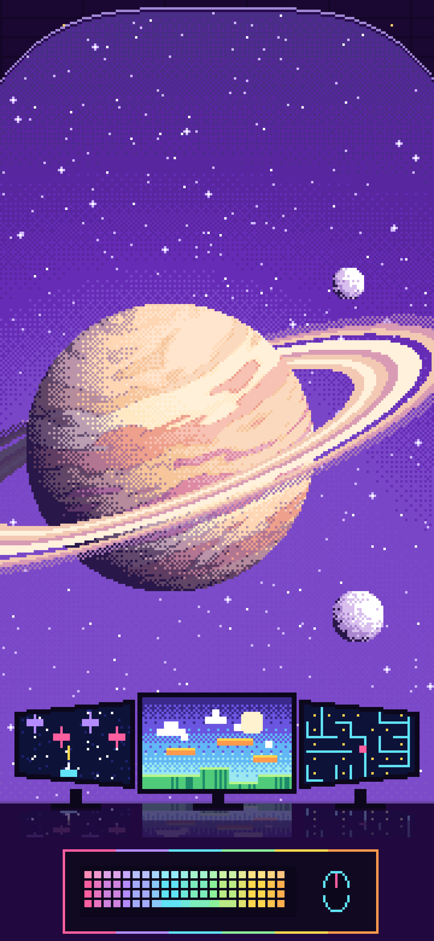 Purple Pixel Art Gaming Setup in Space wallpaper for iPhone and Android