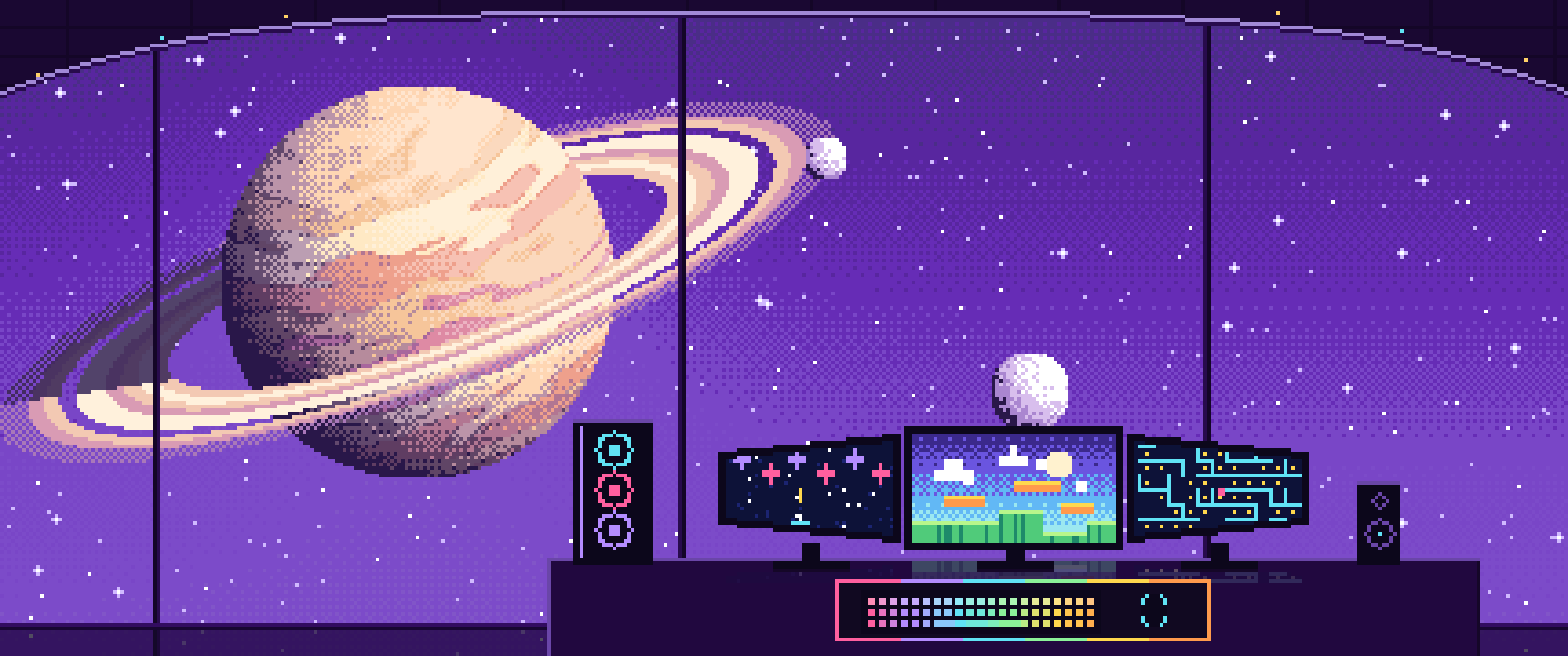 Purple Pixel Art Gaming Setup in Space ultrawide wallpaper, 3440 × 1440