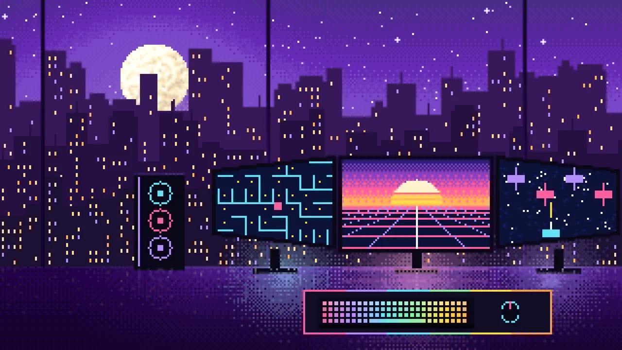 Purple Pixel Art Gaming Setup With a City View desktop wallpaper in 4K