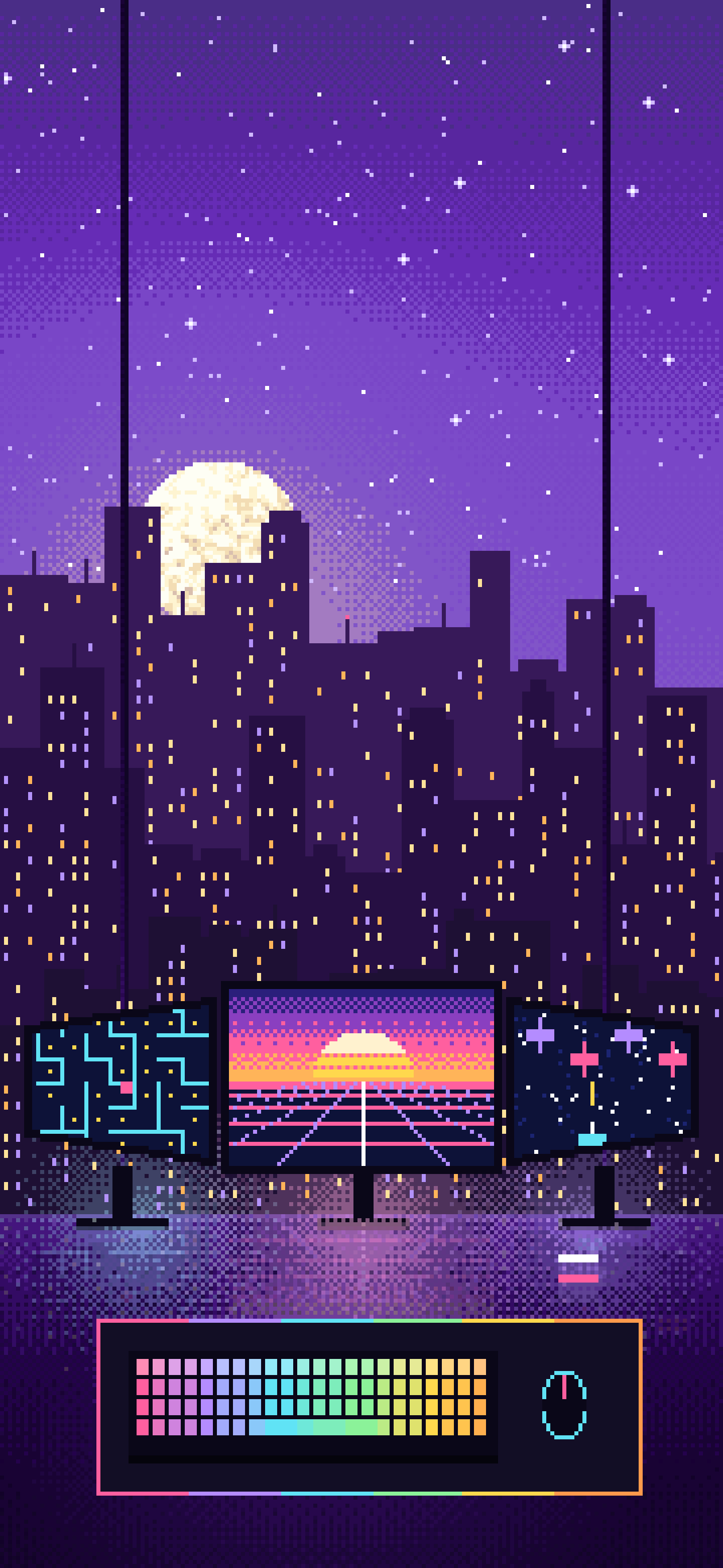 Purple Pixel Art Gaming Setup With a City View wallpaper for iPhone and Android