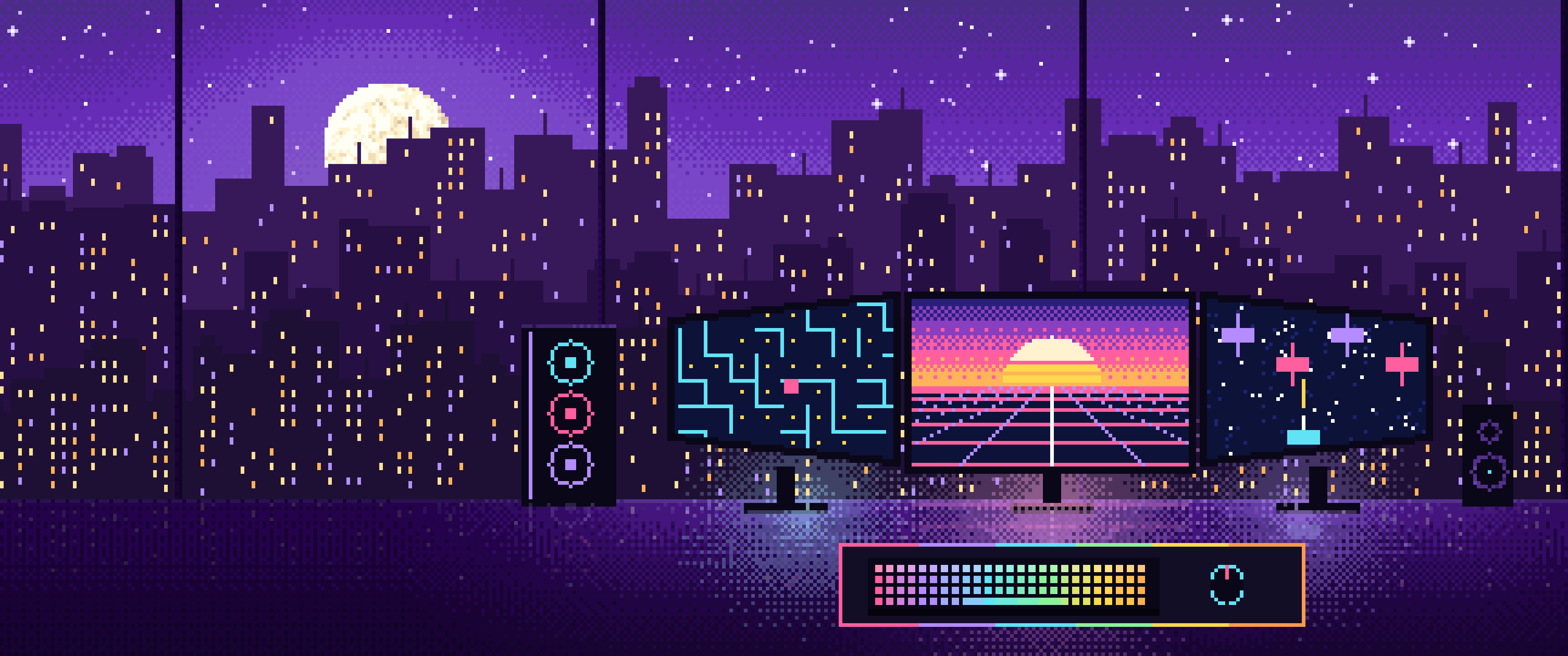 Purple Pixel Art Gaming Setup With a City View ultrawide wallpaper, 3440 × 1440