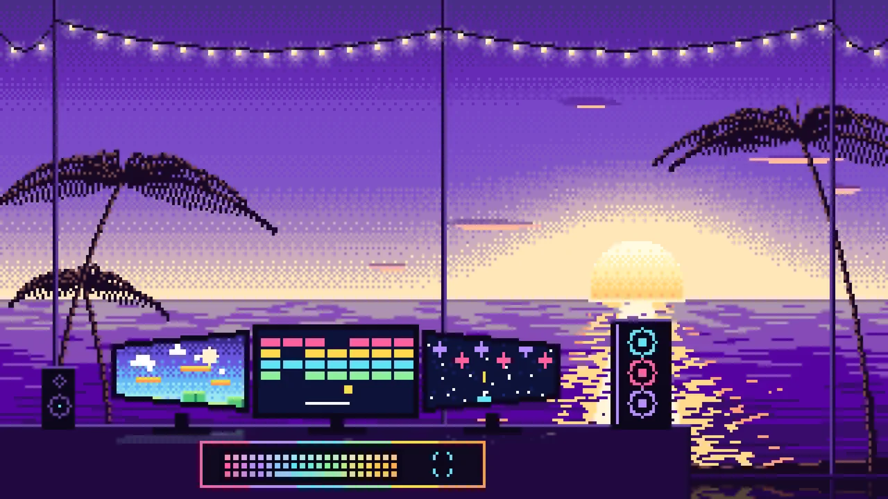 Purple Pixel Art Gaming Setup With an Ocean Sunset desktop wallpaper in 4K