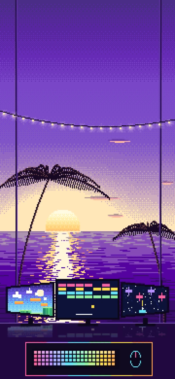 Purple Pixel Art Gaming Setup With an Ocean Sunset wallpaper for iPhone and Android