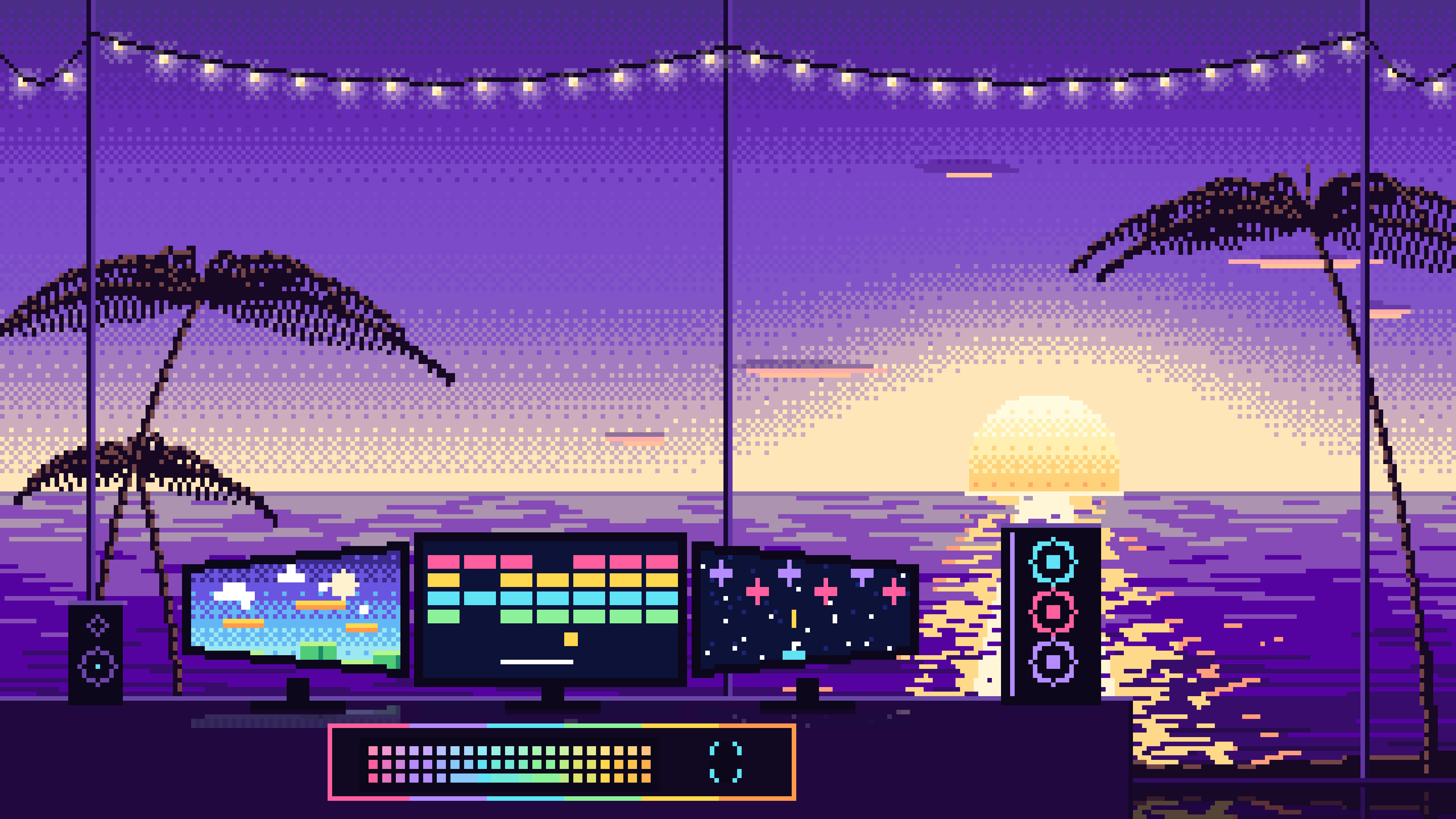 Purple Pixel Art Gaming Setup With an Ocean Sunset desktop wallpaper in 4K