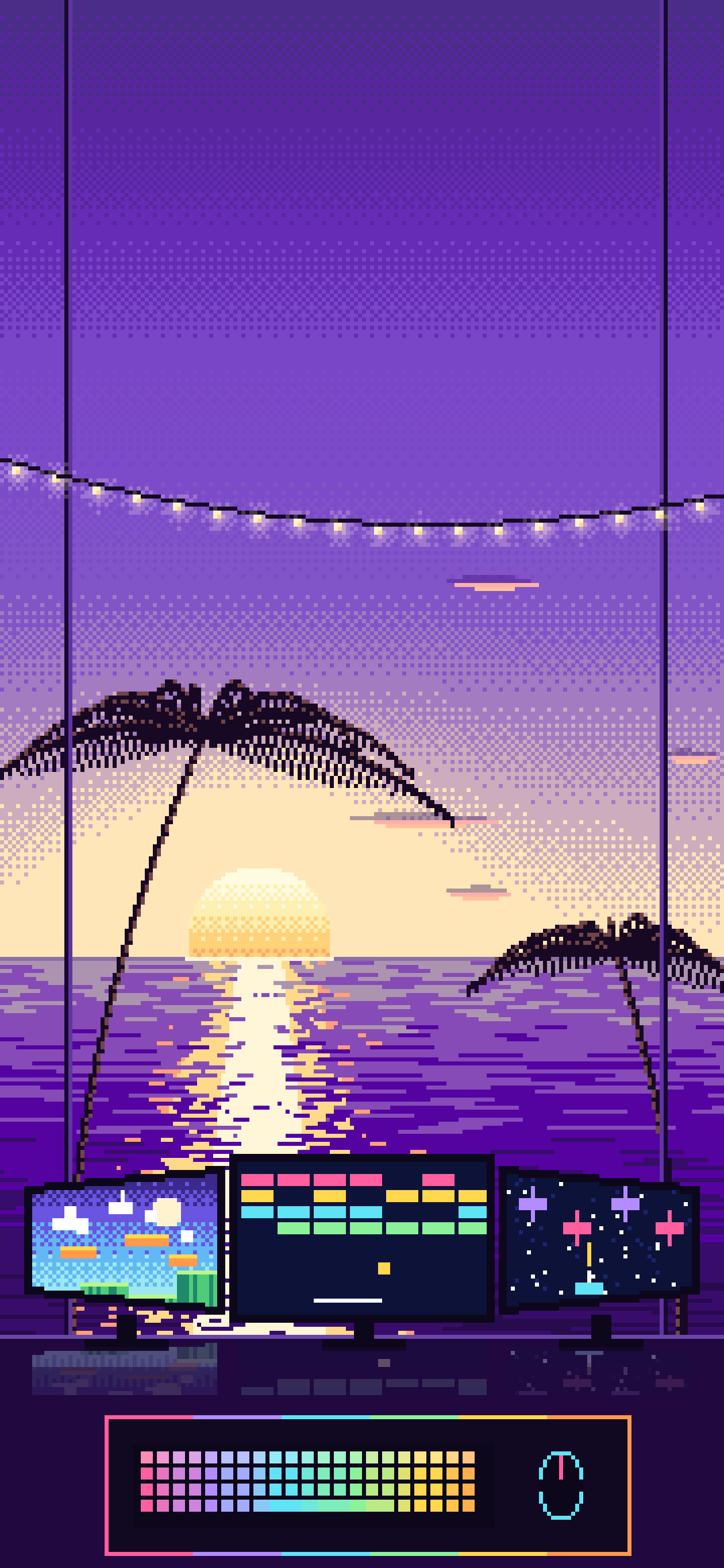 Purple Pixel Art Gaming Setup With an Ocean Sunset wallpaper for iPhone and Android
