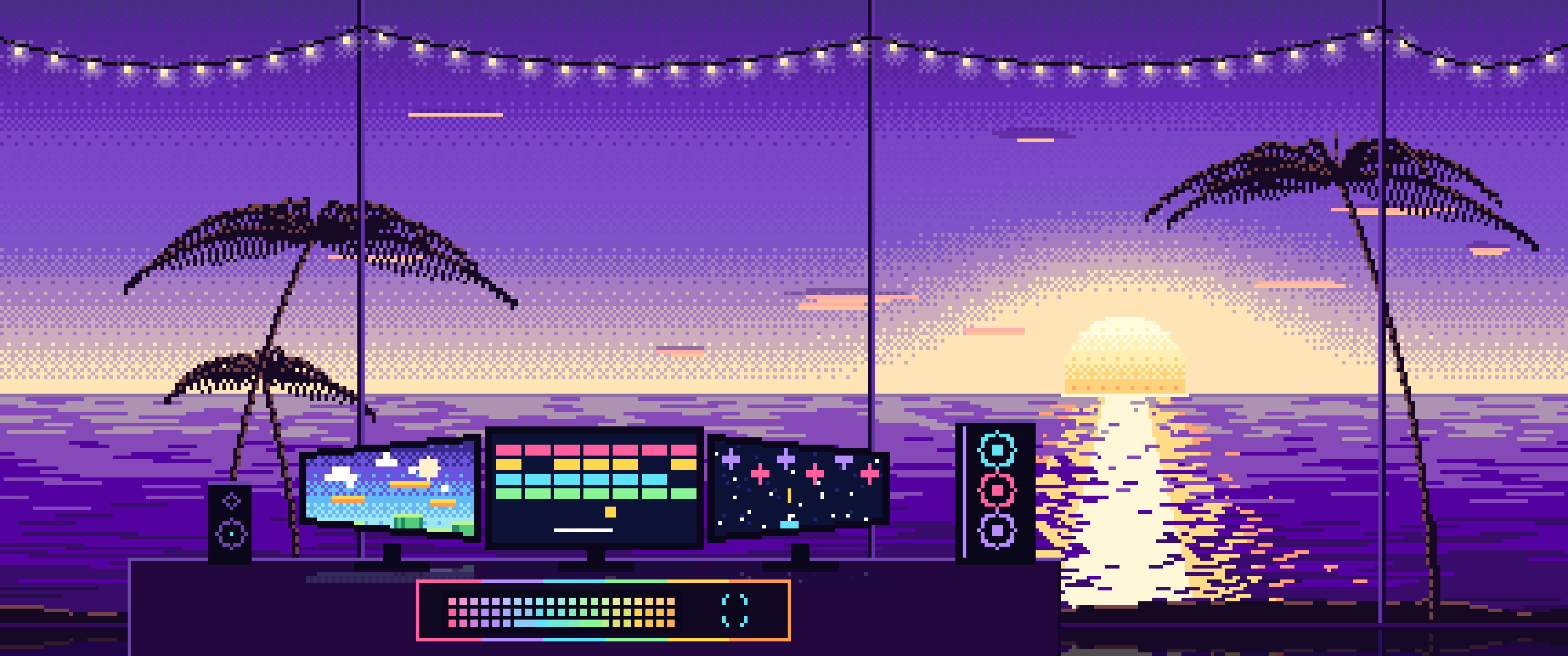 Purple Pixel Art Gaming Setup With an Ocean Sunset ultrawide wallpaper, 3440 × 1440