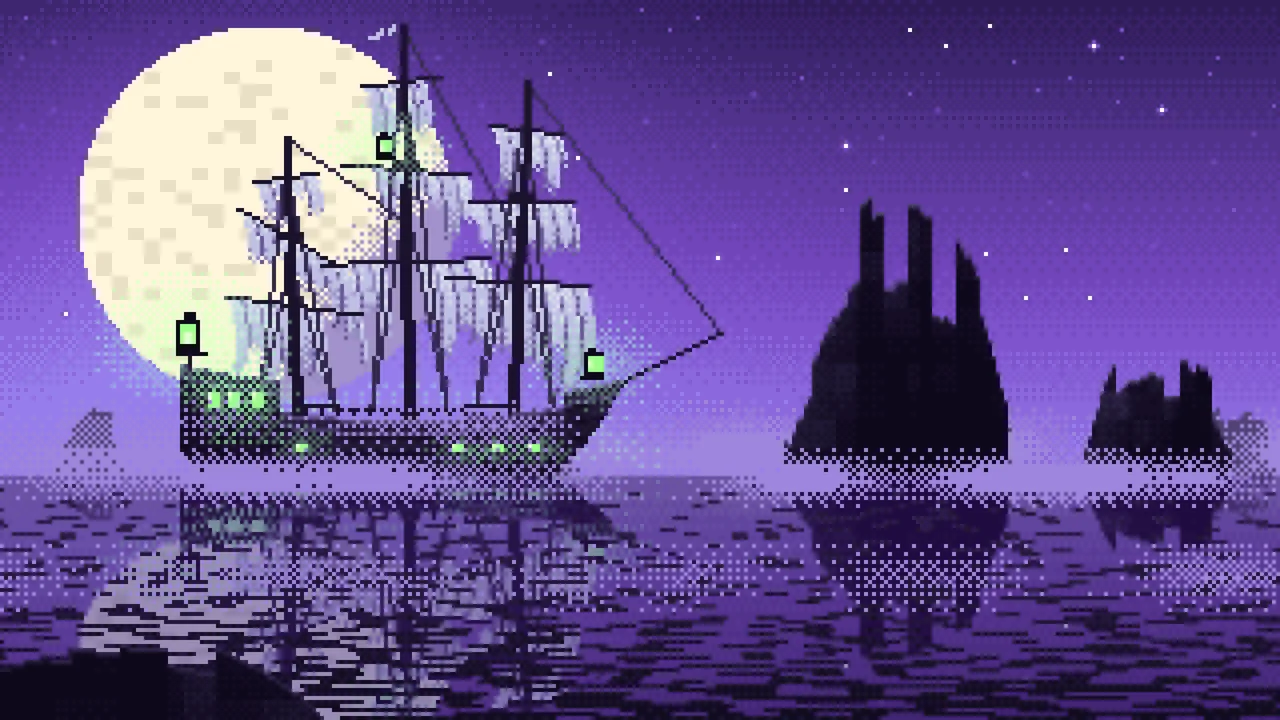 Purple Pixel Art Ghost Ship in the Fog desktop wallpaper in 4K