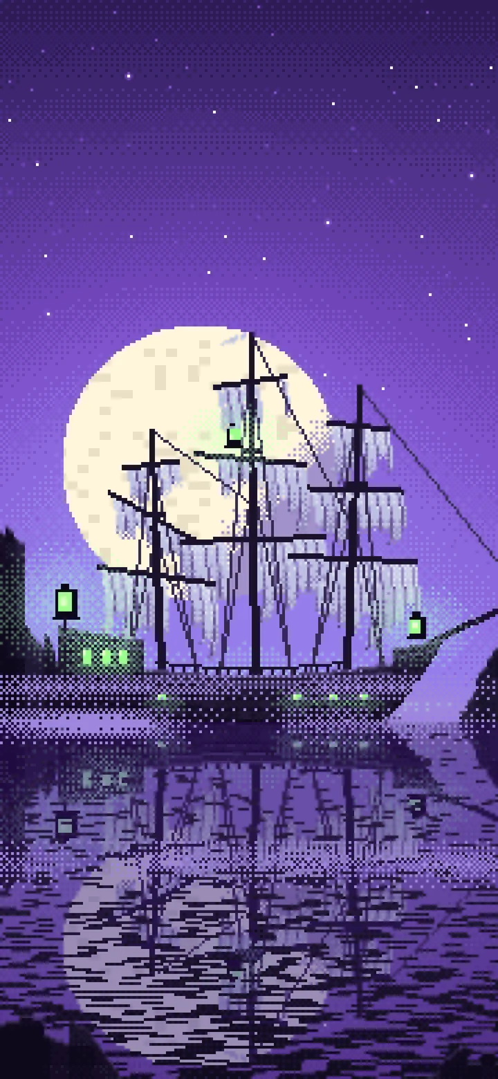 Purple Pixel Art Ghost Ship in the Fog wallpaper for iPhone and Android