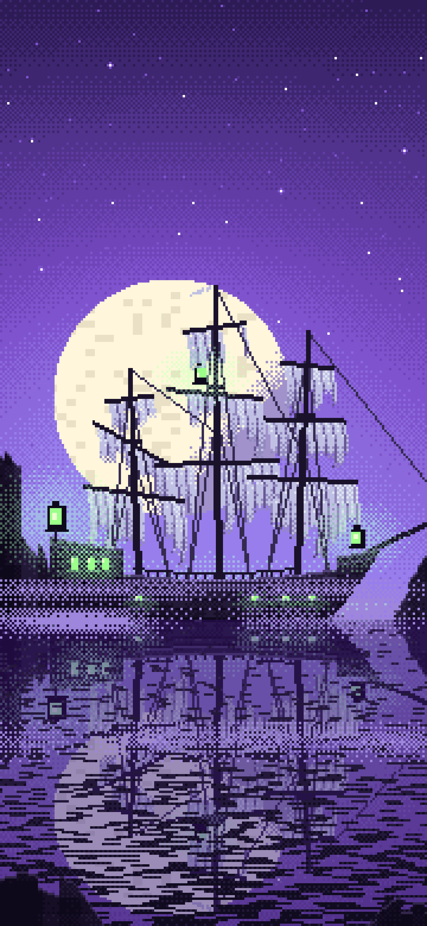 Purple Pixel Art Ghost Ship in the Fog wallpaper for iPhone and Android