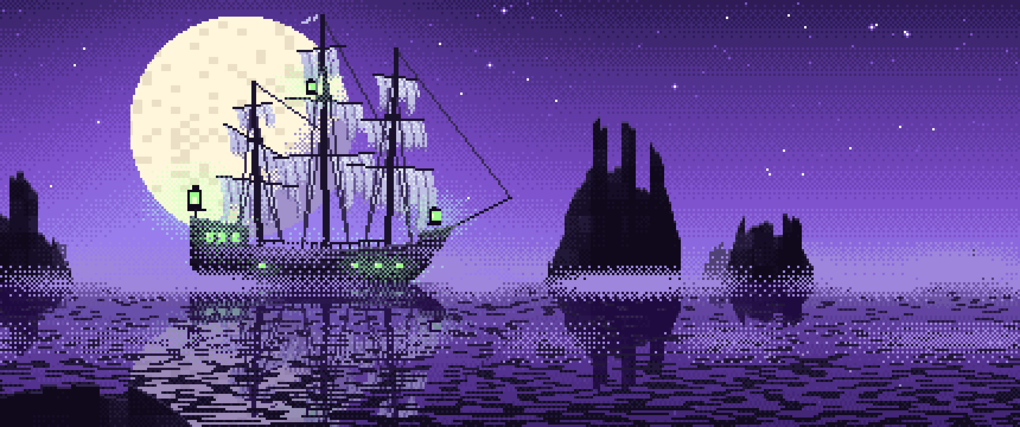 Purple Pixel Art Ghost Ship in the Fog ultrawide wallpaper, 3440 × 1440