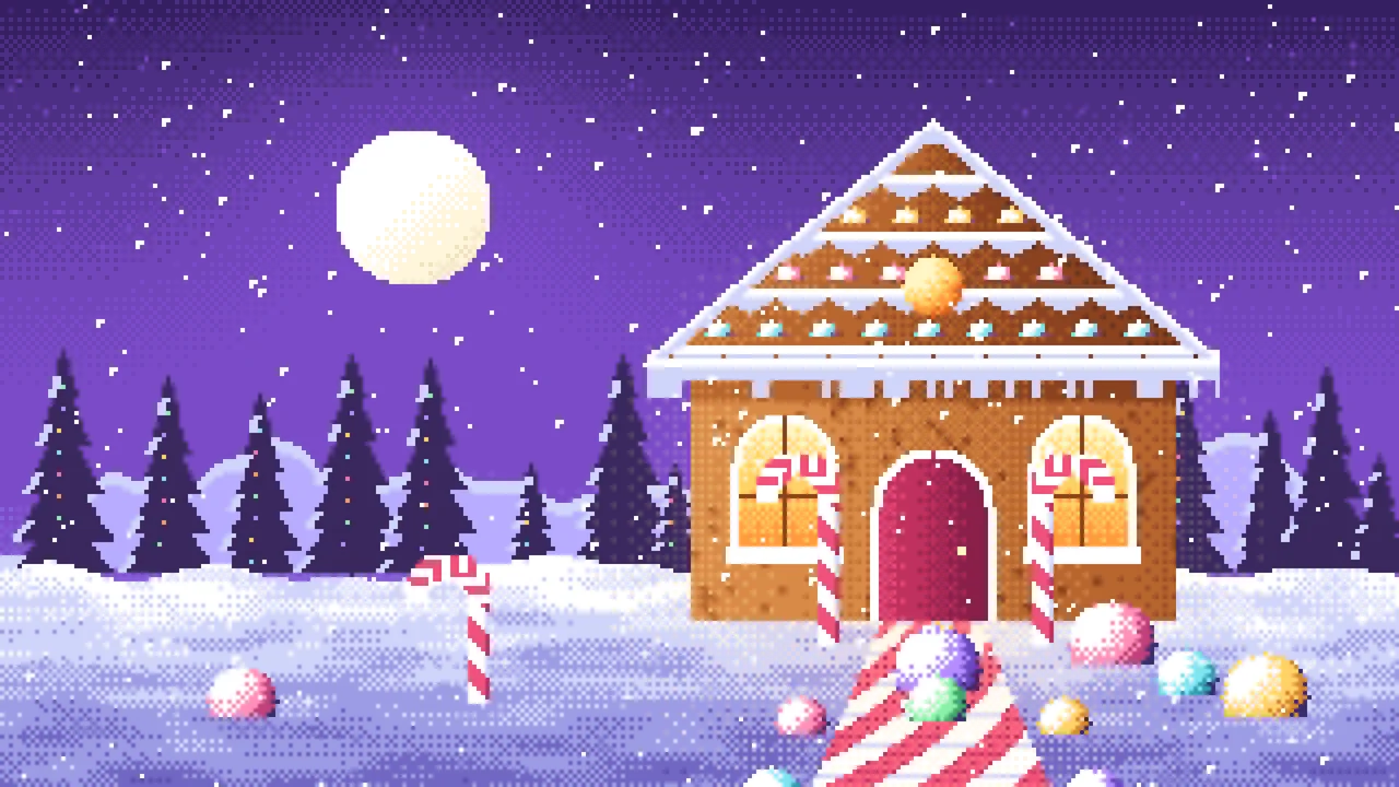 Purple Pixel Art Gingerbread House desktop wallpaper in 4K