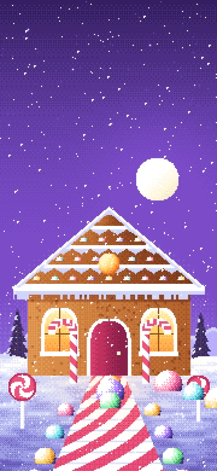 Purple Pixel Art Gingerbread House wallpaper for iPhone and Android