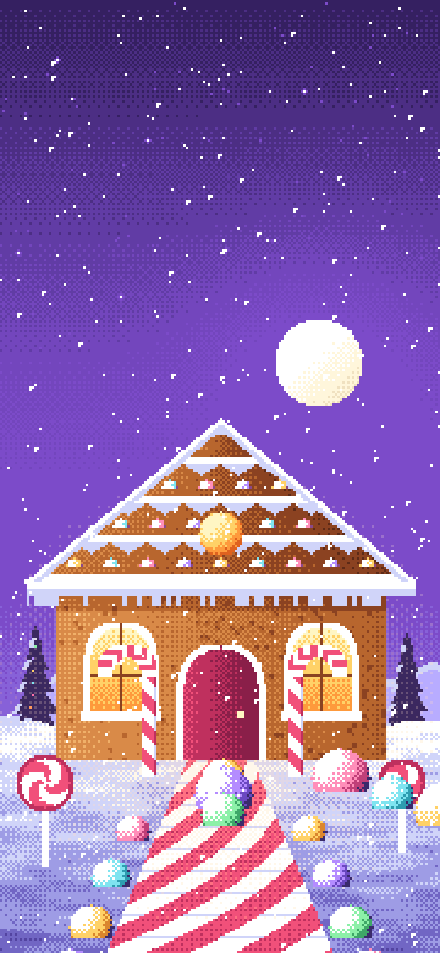 Purple Pixel Art Gingerbread House wallpaper for iPhone and Android