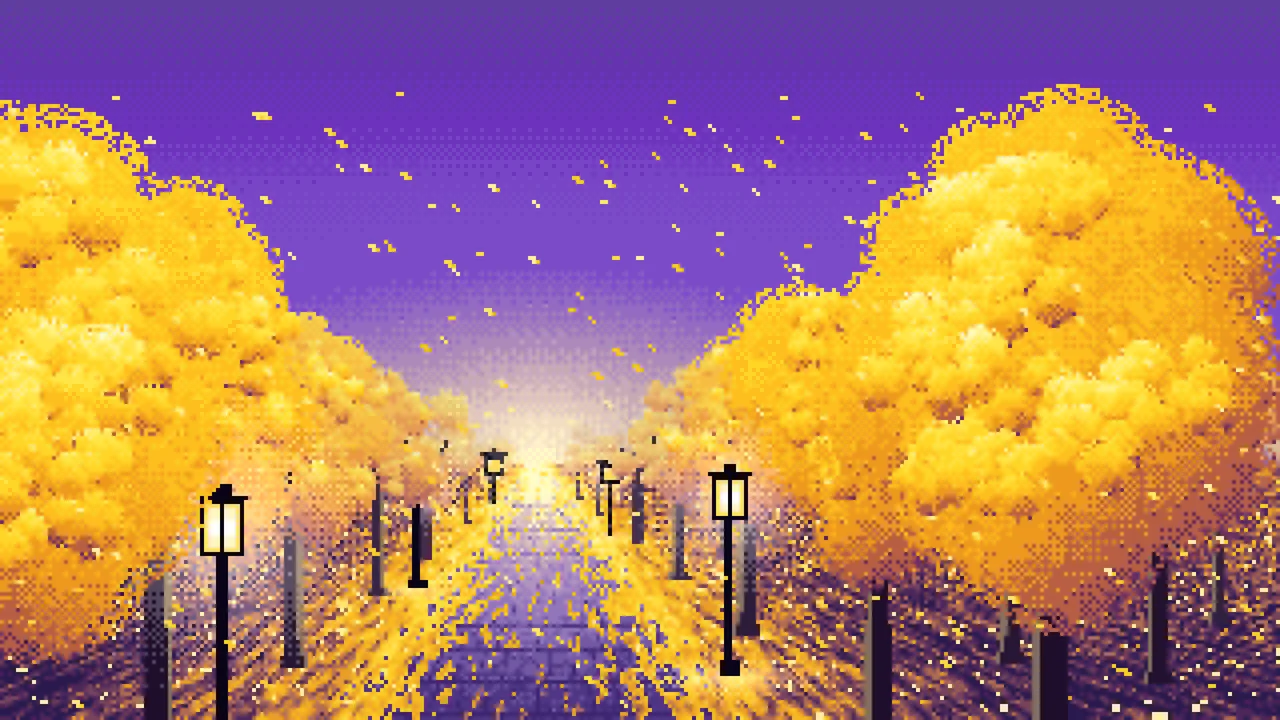 Purple Pixel Art Ginkgo Tree Avenue in Fall desktop wallpaper in 4K