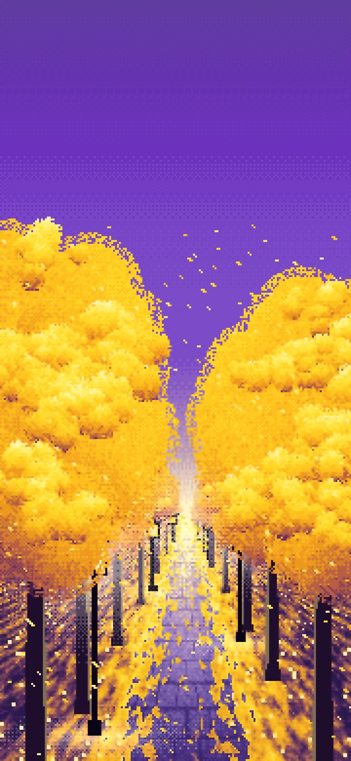 Purple Pixel Art Ginkgo Tree Avenue in Fall wallpaper for iPhone and Android