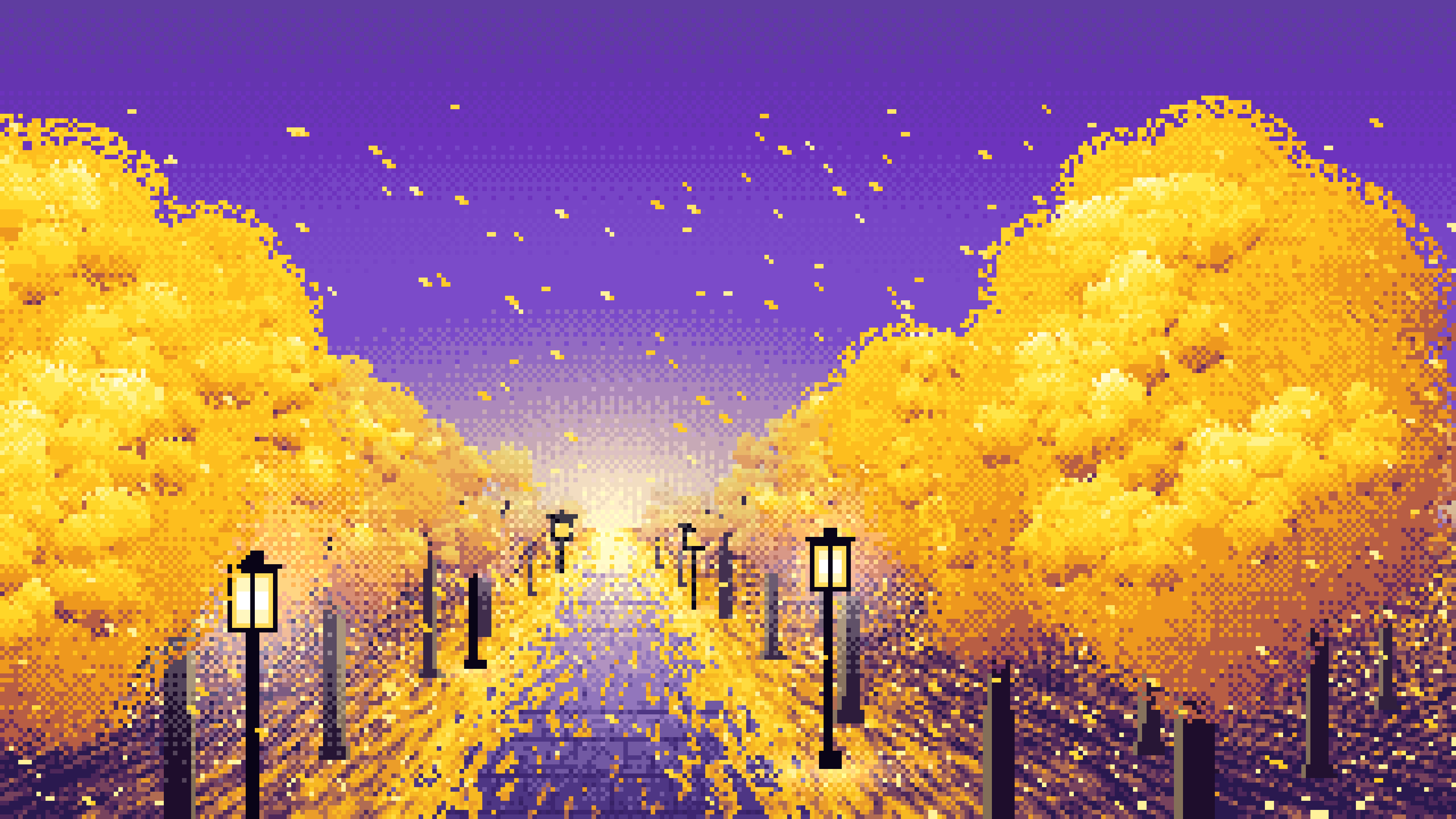 Purple Pixel Art Ginkgo Tree Avenue in Fall desktop wallpaper in 4K