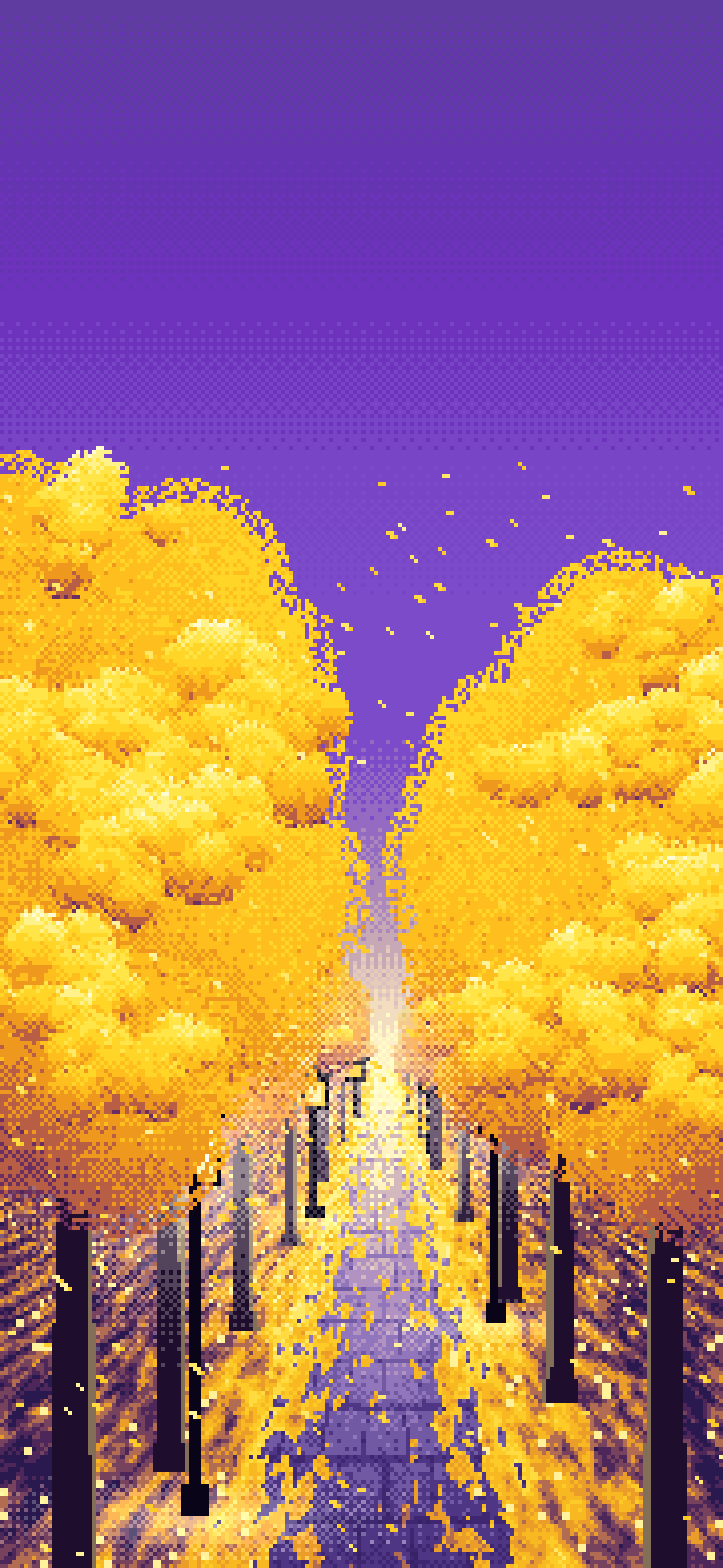Purple Pixel Art Ginkgo Tree Avenue in Fall wallpaper for iPhone and Android