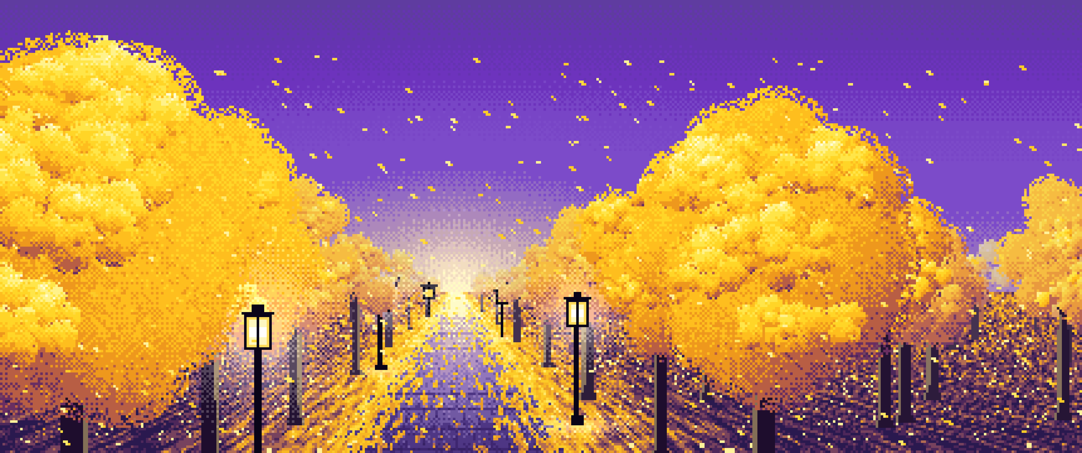 Purple Pixel Art Ginkgo Tree Avenue in Fall ultrawide wallpaper, 3440 × 1440
