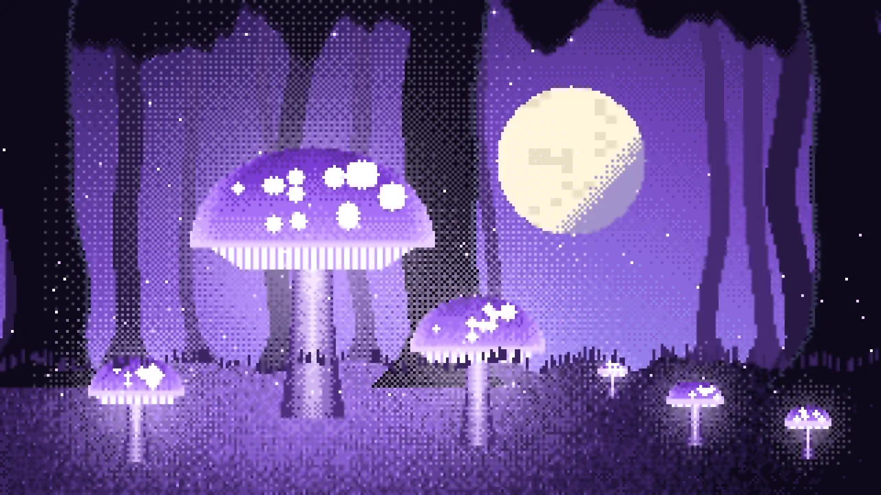 Purple Pixel Art Glowing Mushrooms desktop wallpaper in 4K
