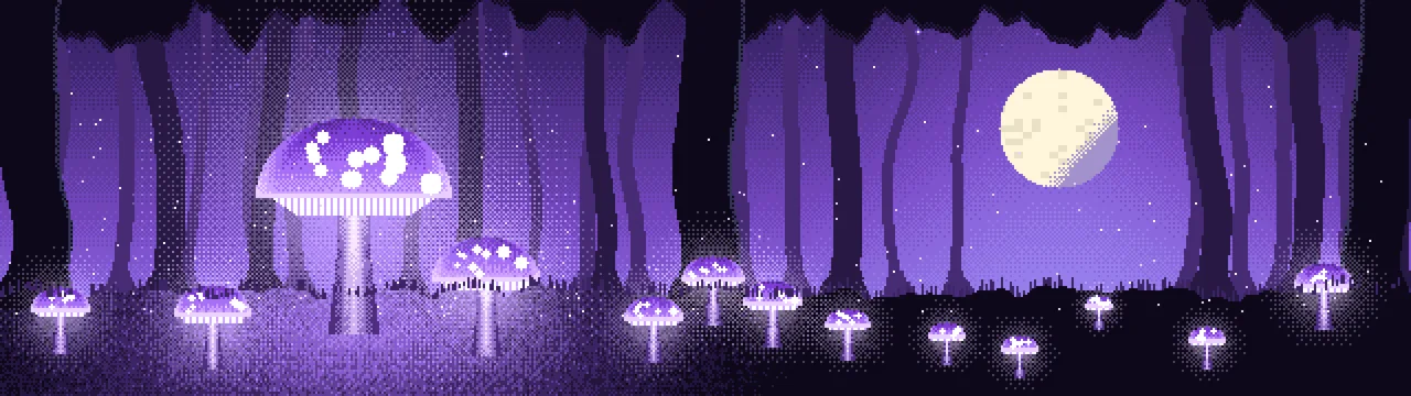 Purple Pixel Art Glowing Mushrooms dual monitor wallpaper, 7680 × 2160