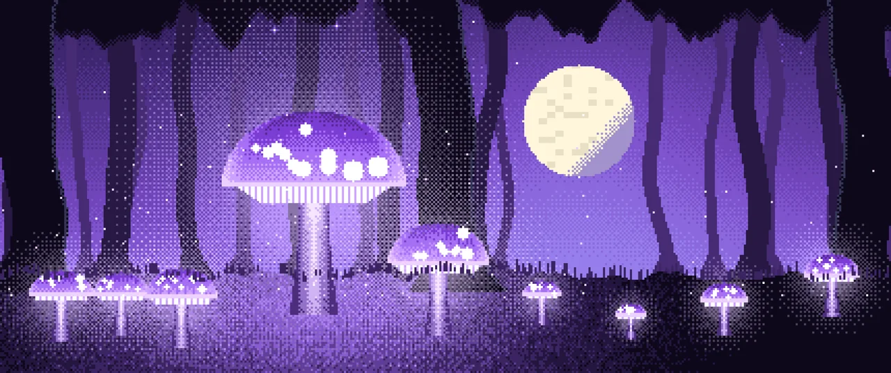 Purple Pixel Art Glowing Mushrooms ultrawide wallpaper, 3440 × 1440