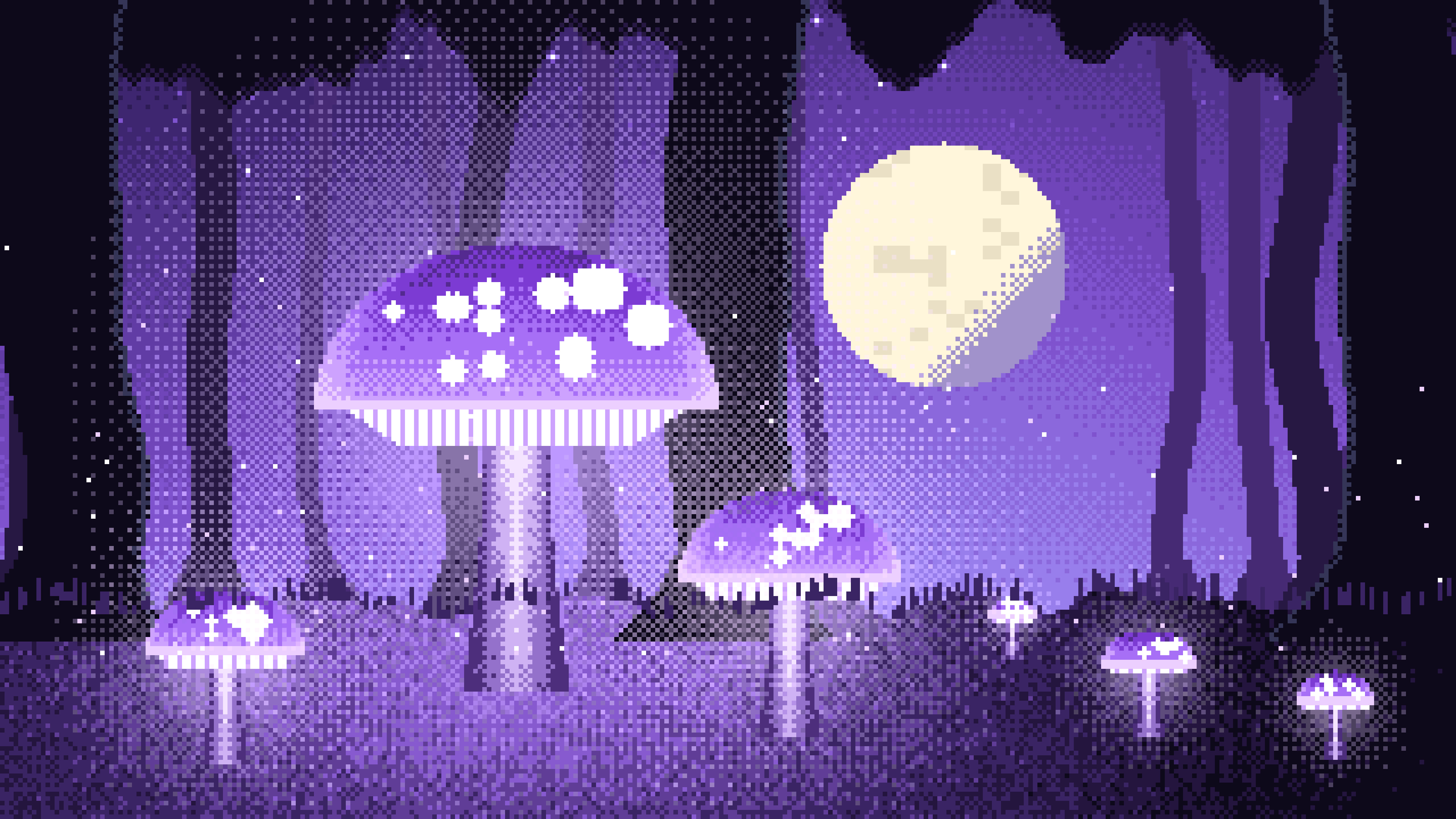 Purple Pixel Art Glowing Mushrooms desktop wallpaper in 4K