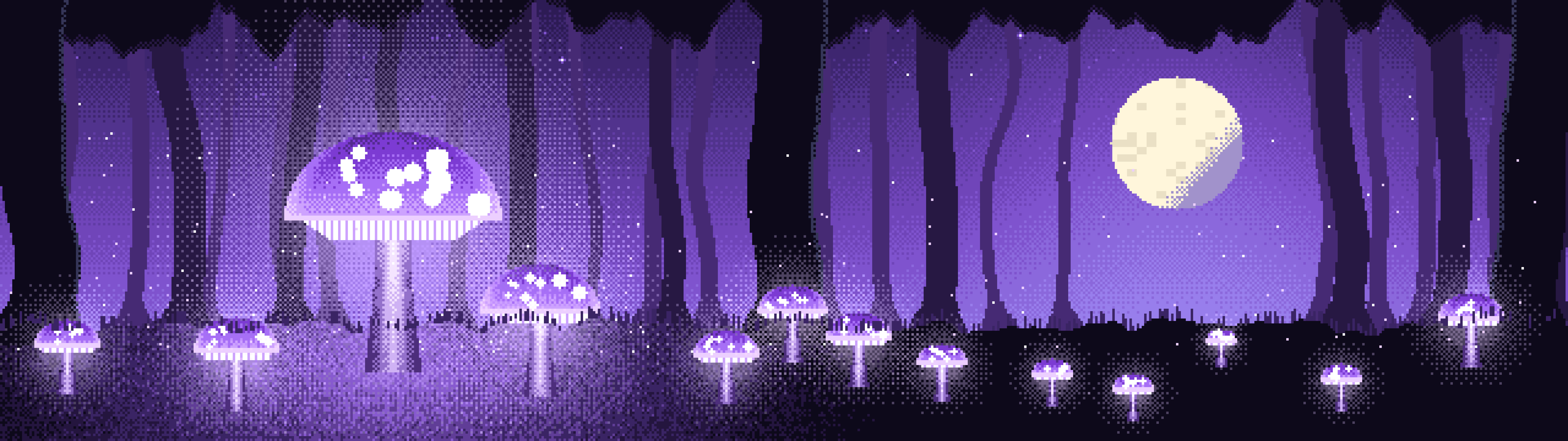 Purple Pixel Art Glowing Mushrooms dual monitor wallpaper, 7680 × 2160