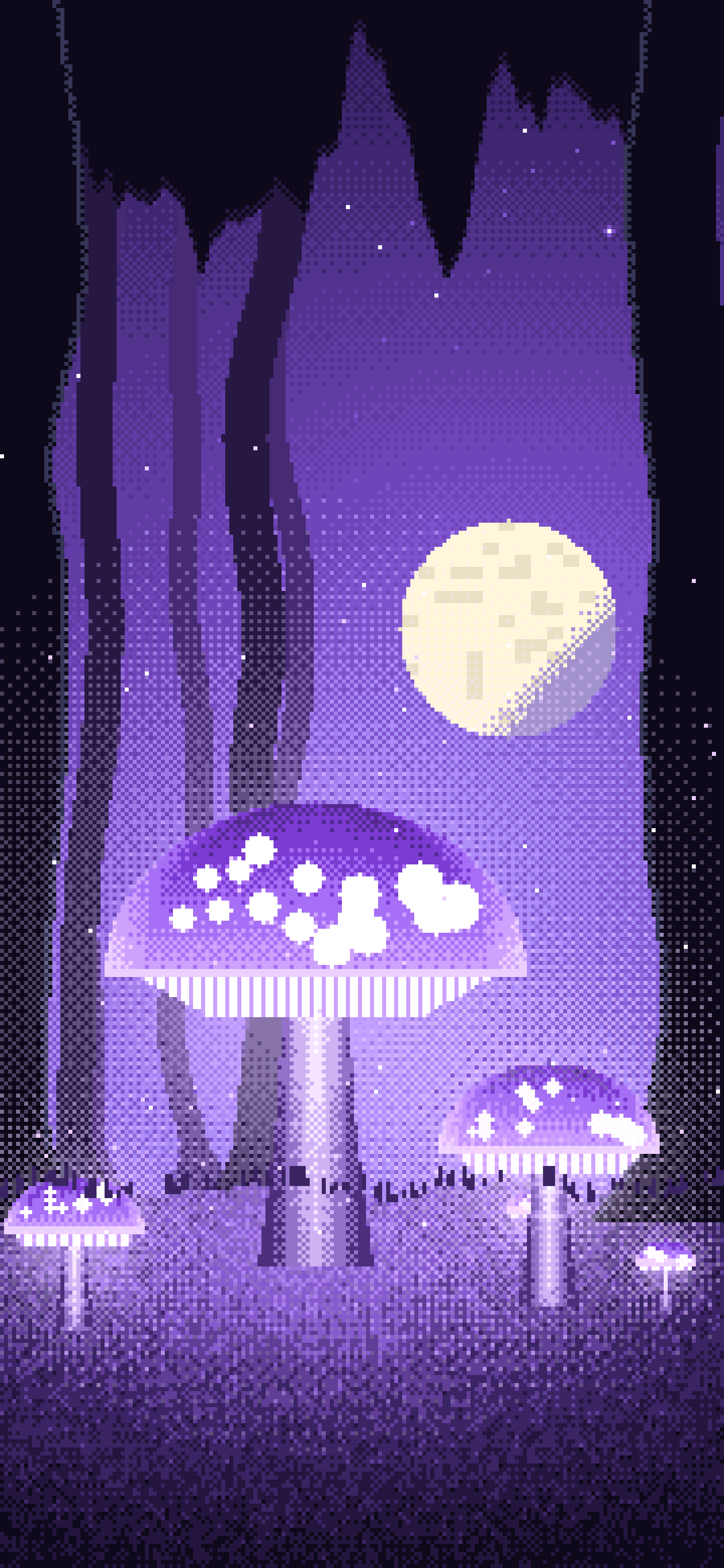 Purple Pixel Art Glowing Mushrooms wallpaper for iPhone and Android