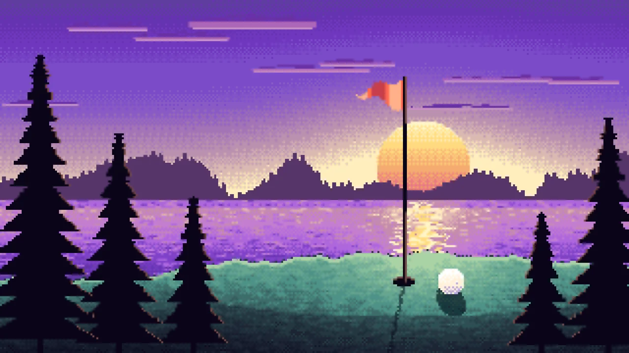 Purple Pixel Art Golf Course at Sunset desktop wallpaper in 4K
