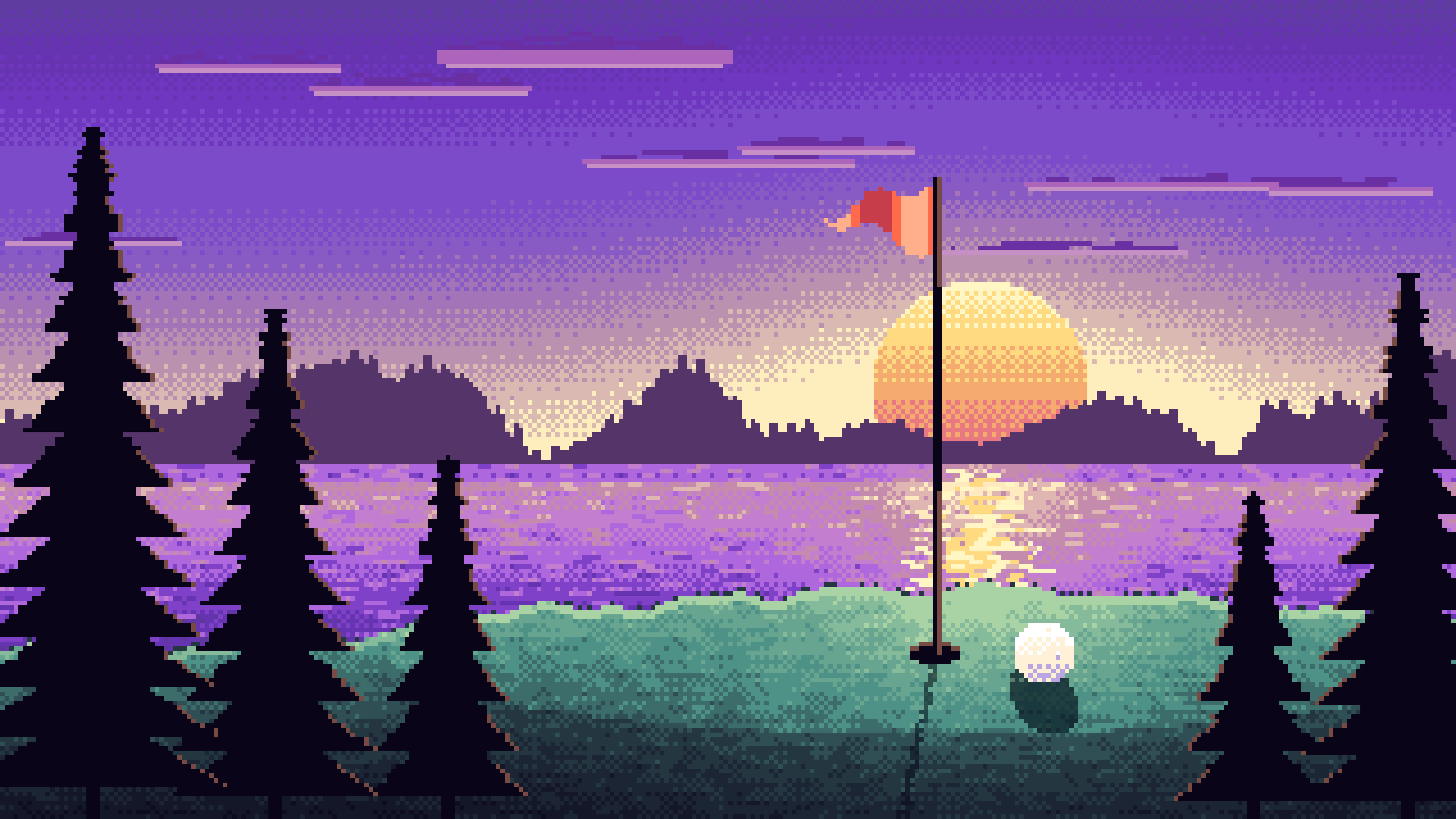 Purple Pixel Art Golf Course at Sunset desktop wallpaper in 4K