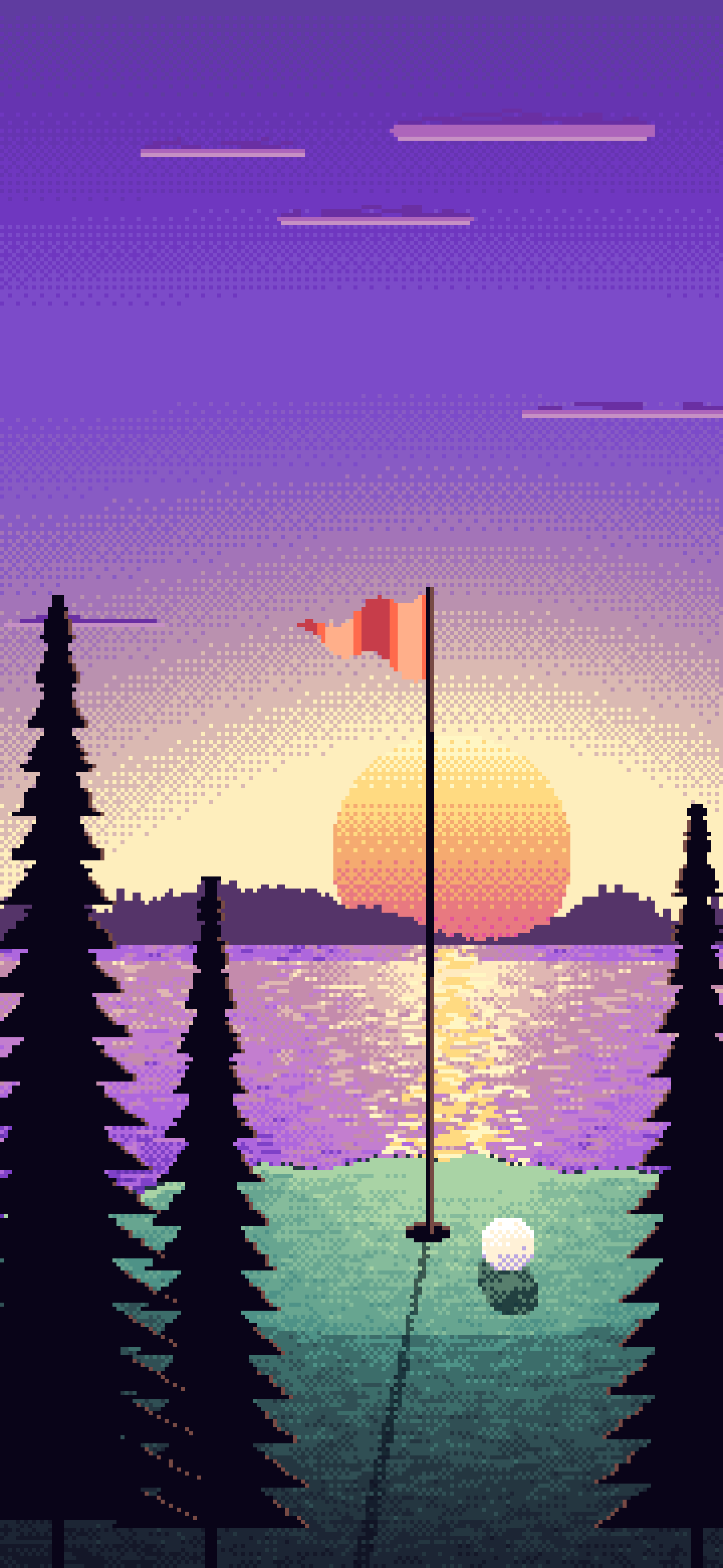 Purple Pixel Art Golf Course at Sunset wallpaper for iPhone and Android