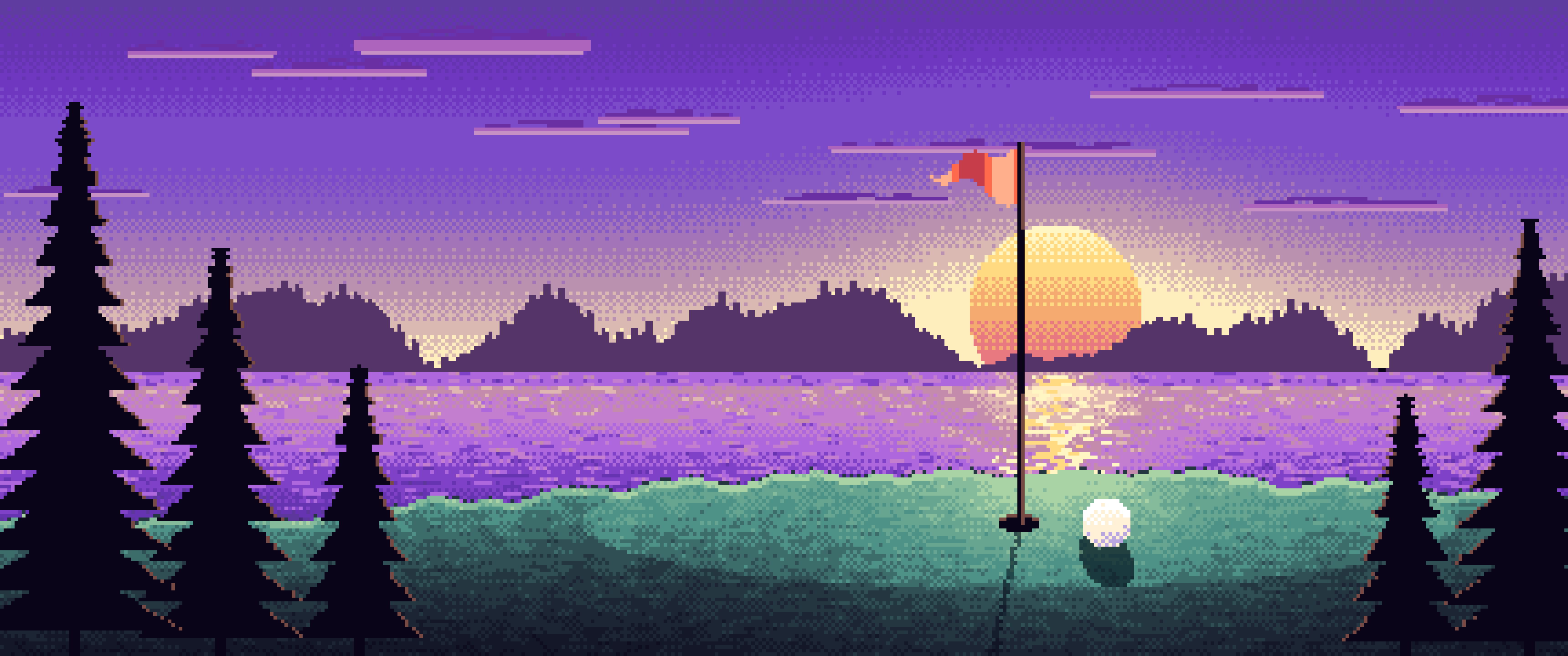 Purple Pixel Art Golf Course at Sunset ultrawide wallpaper, 3440 × 1440