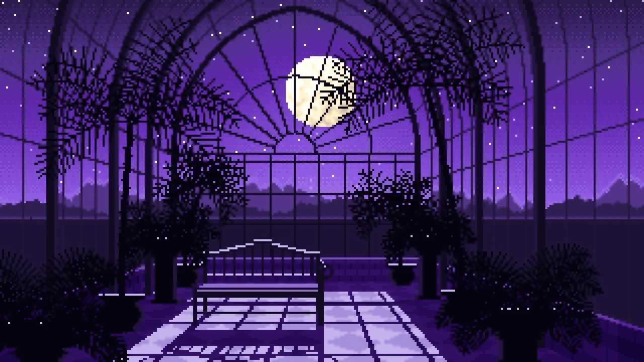 Purple Pixel Art Gothic Greenhouse at Night desktop wallpaper in 4K