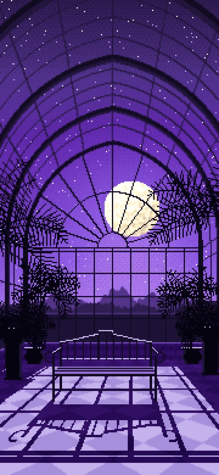 Purple Pixel Art Gothic Greenhouse at Night wallpaper for iPhone and Android