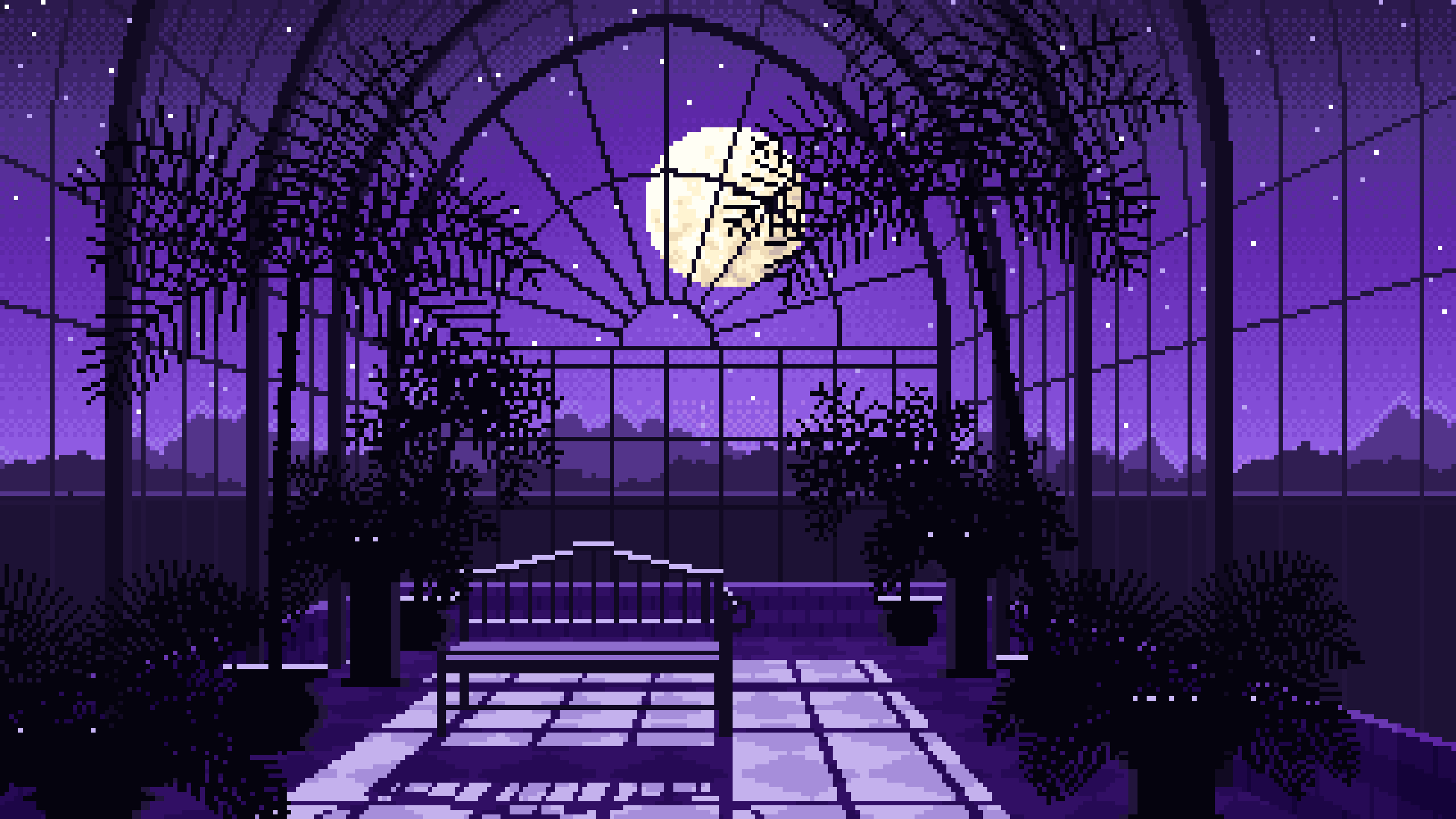 Purple Pixel Art Gothic Greenhouse at Night desktop wallpaper in 4K